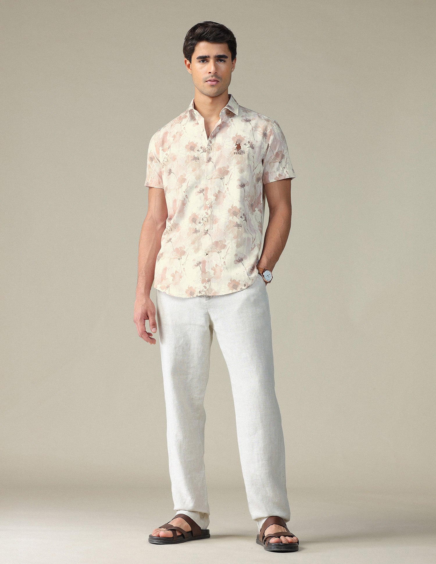 Floral Printed Pure Cotton Shirt Beige - U.S. POLO ASSN. | Large