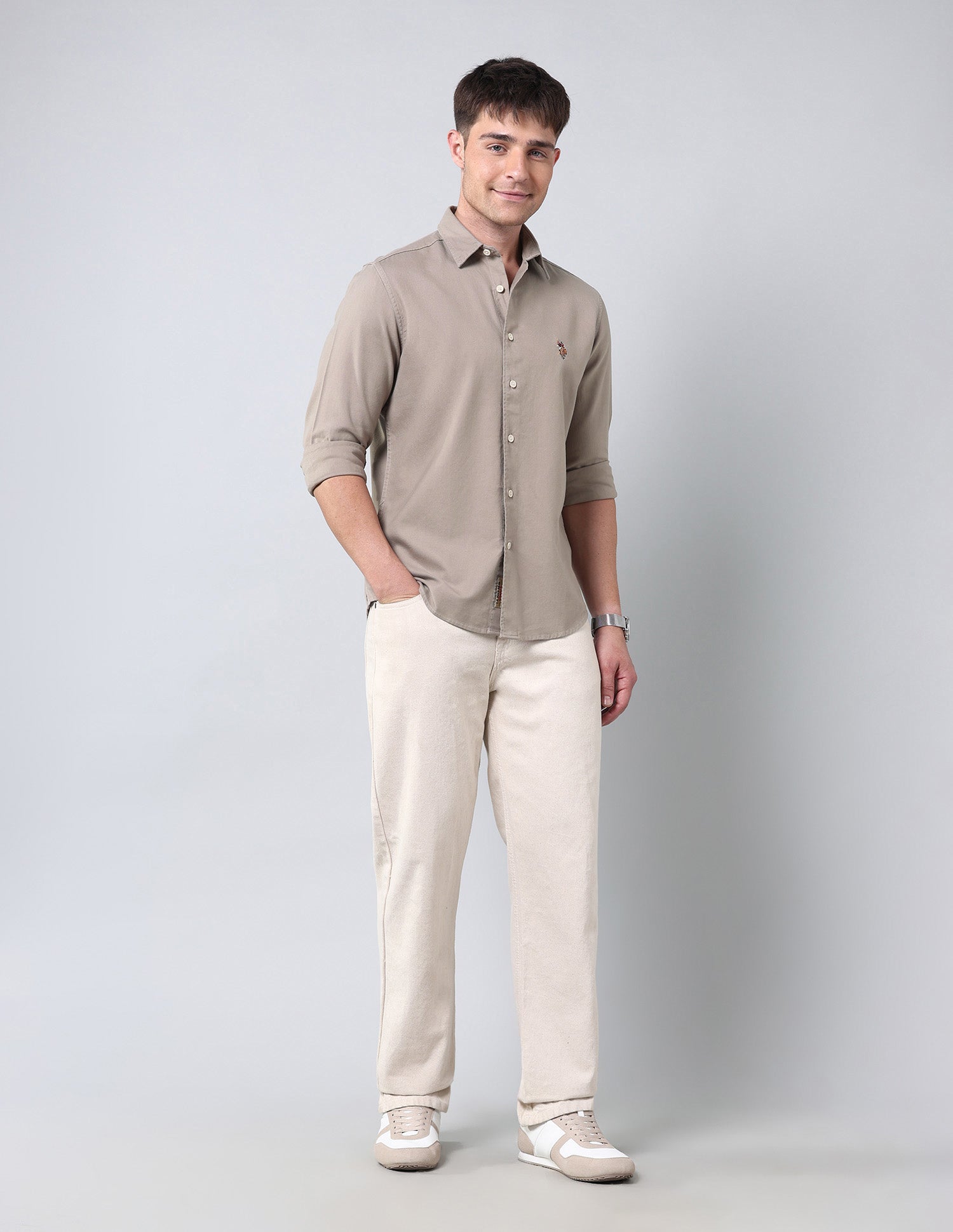 Solid Pure Cotton Twill Shirt Khaki - U.S. Polo Assn. India | Large