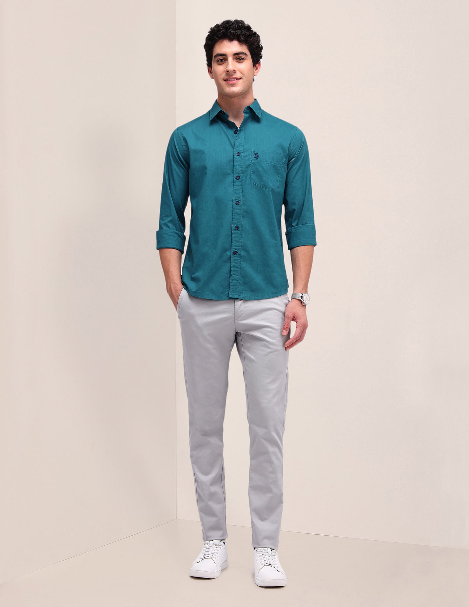 Solid Regular Fit Shirt Teal - U.S. Polo Assn. India | Large