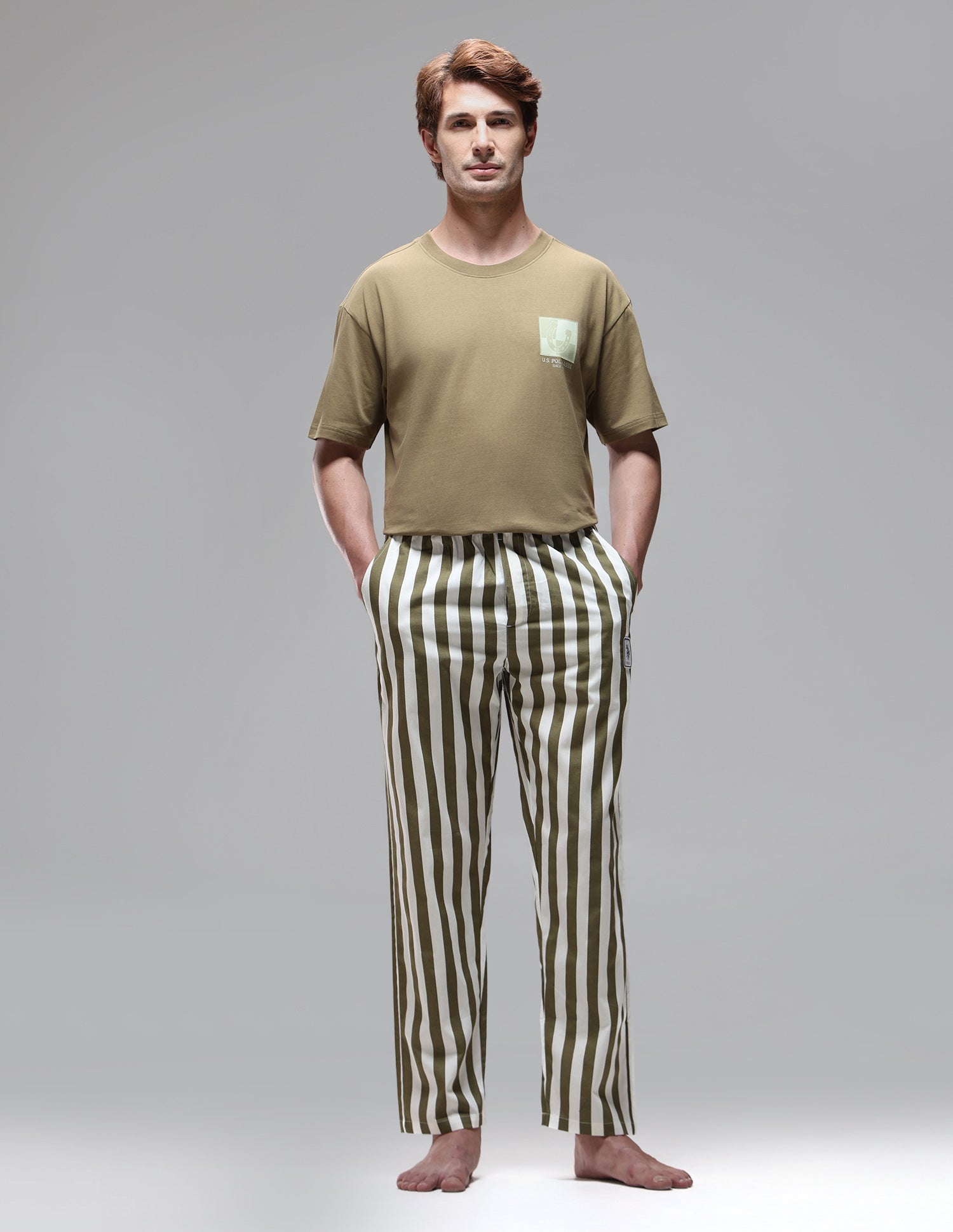 Vertical Striped Mid Rise OELP1 Lounge Pants Olive - U.S. Polo Assn. India | Large