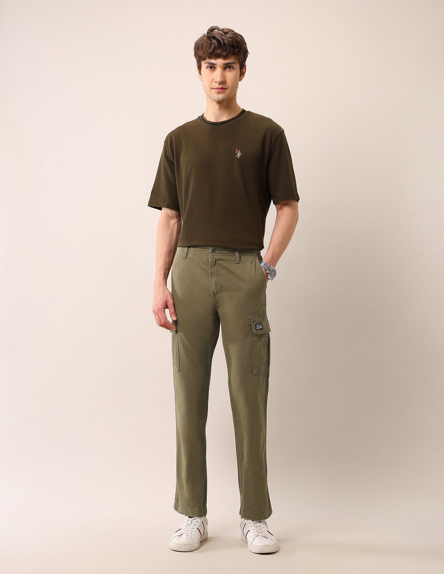 Mid Rise Straight Fit Textured Cargos Tan - U.S. Polo Assn. India | Large