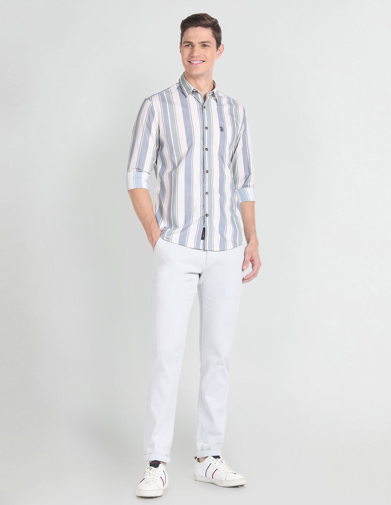 Vertical Stripe Cotton Shirt Ecru, Blue and Green - U.S. POLO ASSN. | Large