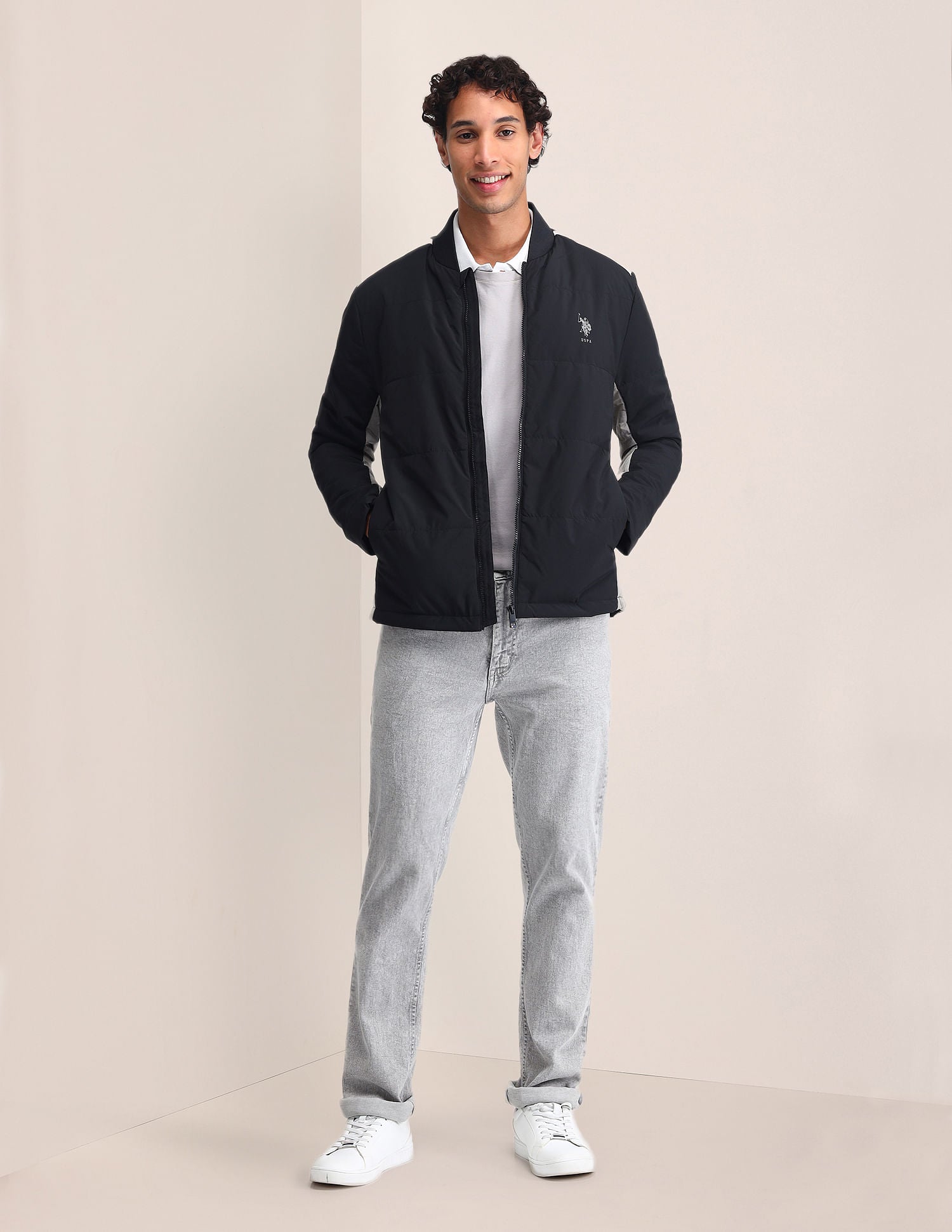 Regular Fit Solid Bomber Jacket Black - U.S. Polo Assn. India | Large