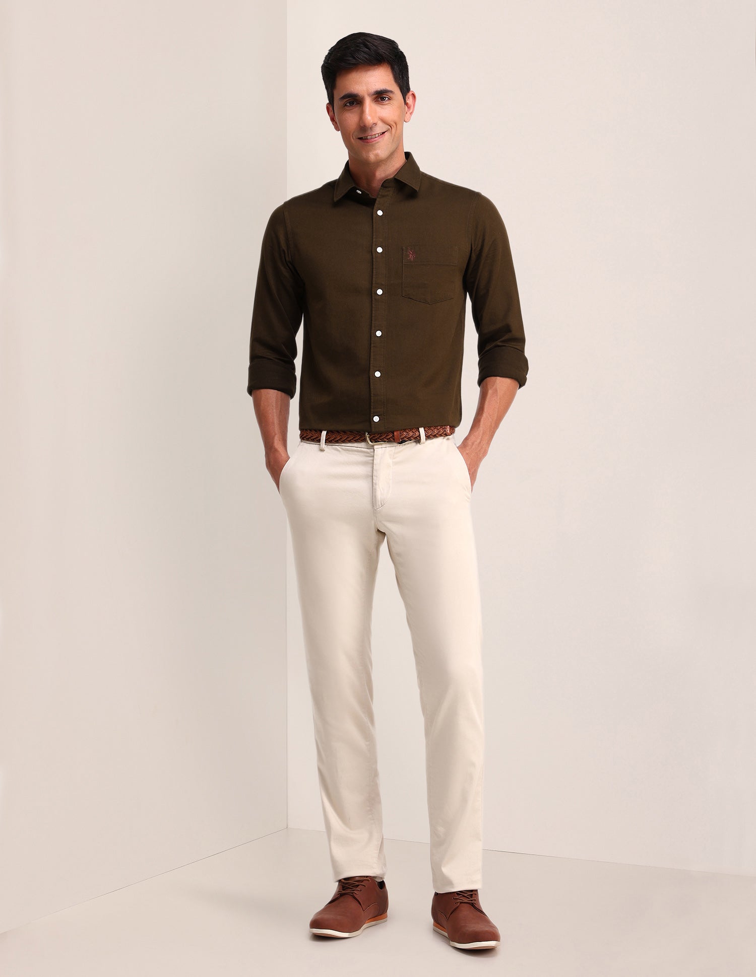 Solid Pattern Dobby Shirt Brown - U.S. Polo Assn. India | Large