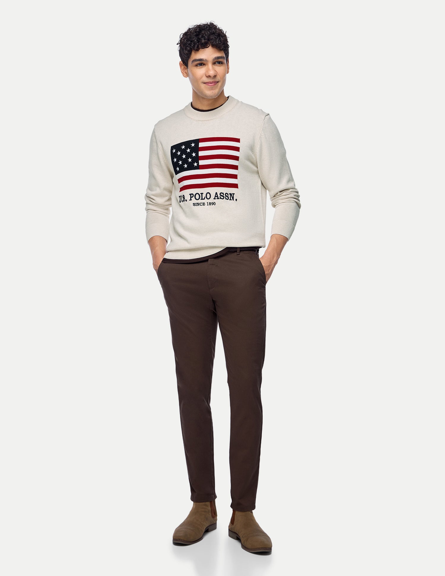 Graphic Brand Printed Slim Fit Sweater Beige - U.S. Polo Assn. India | Large