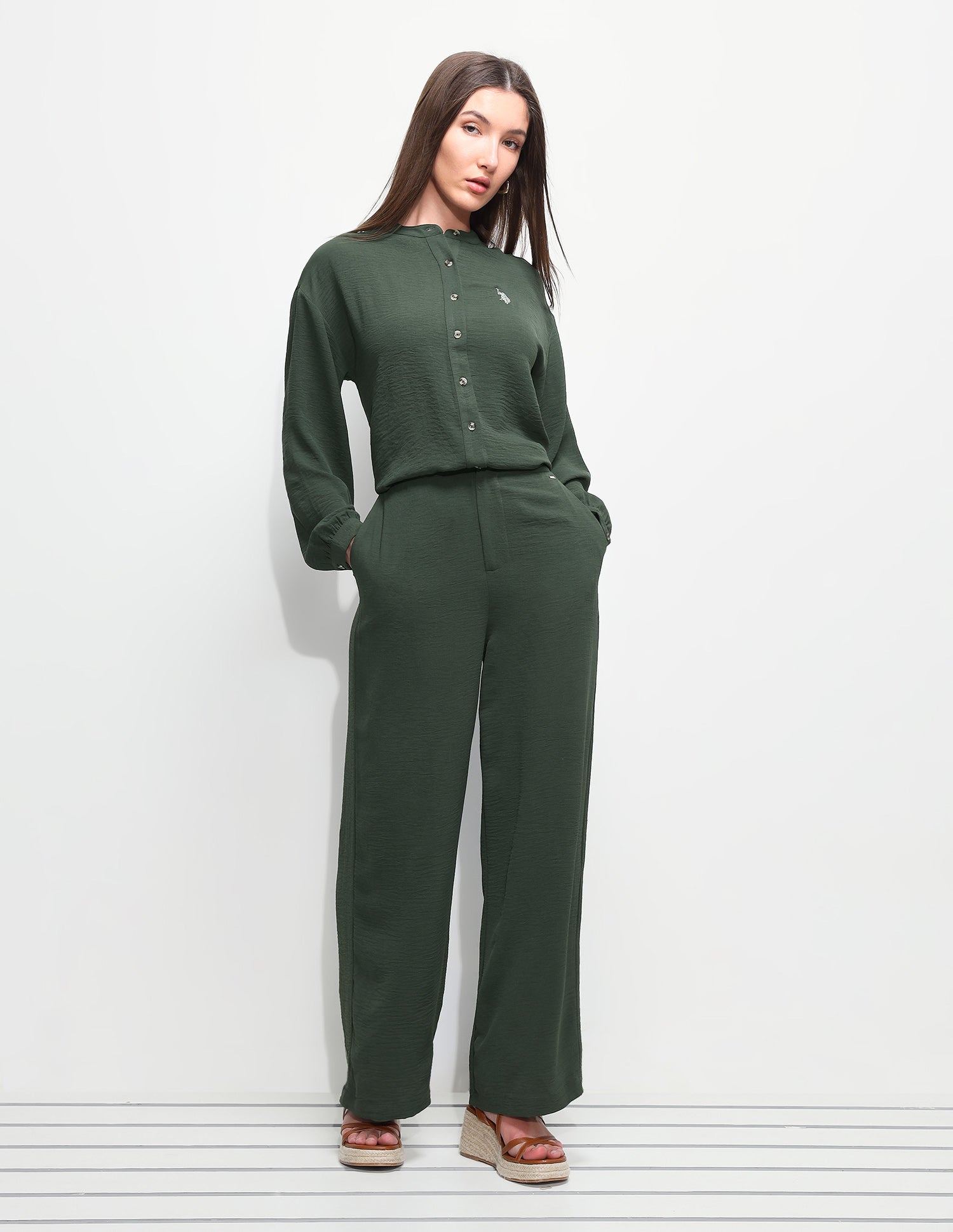 High Rise Wide Leg Fit Trousers Olive - U.S. Polo Assn. India | Large