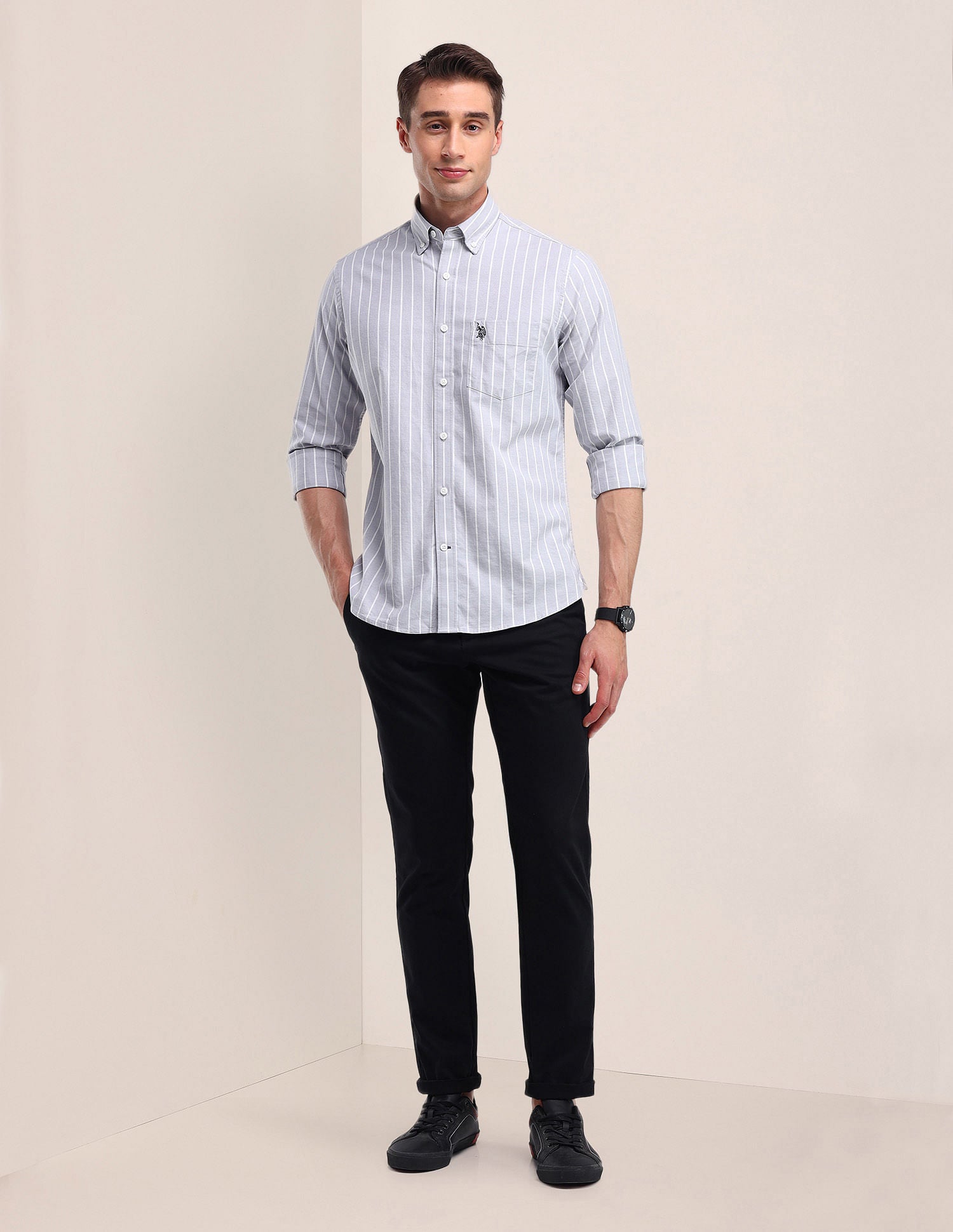 Tailored Fit Vertical Striped Shirt Light-Grey - U.S. Polo Assn. India | Large
