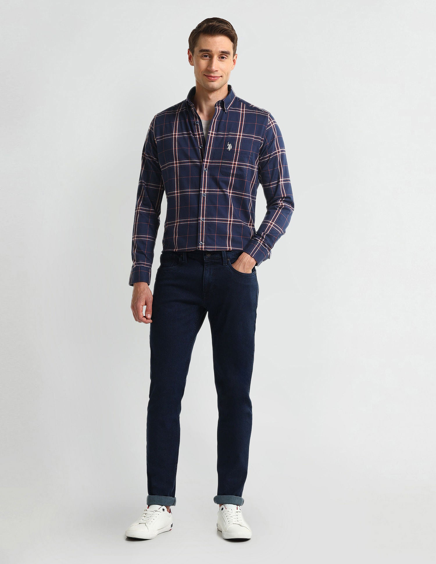 Slim Fit Grid Tattersall Checked Shirt Navy - U.S. Polo Assn. India | Large