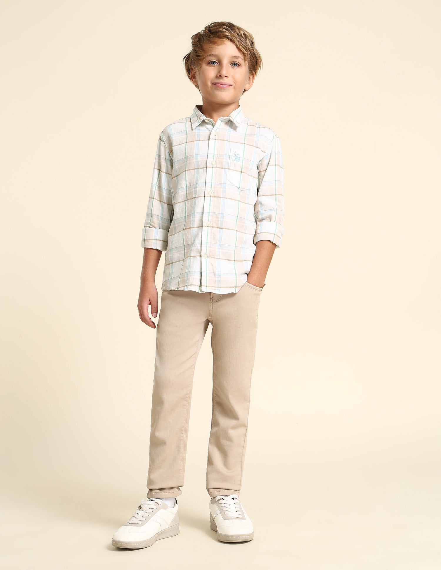 Boys Grid Tattersall Checked Regular Fit Shirt Beige - U.S. POLO ASSN. | Large