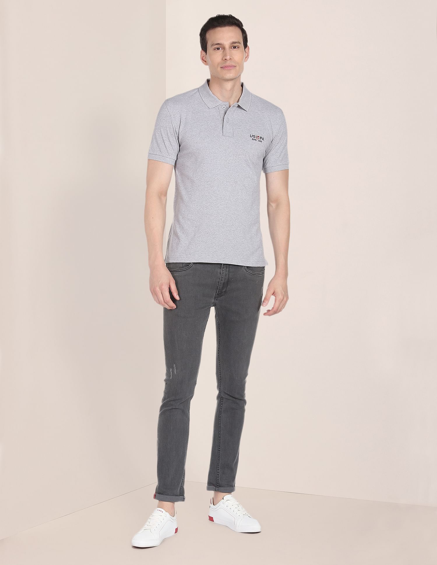 Embroidered Logo Heathered Polo Shirt Light Grey - U.S. Polo Assn. India | Large