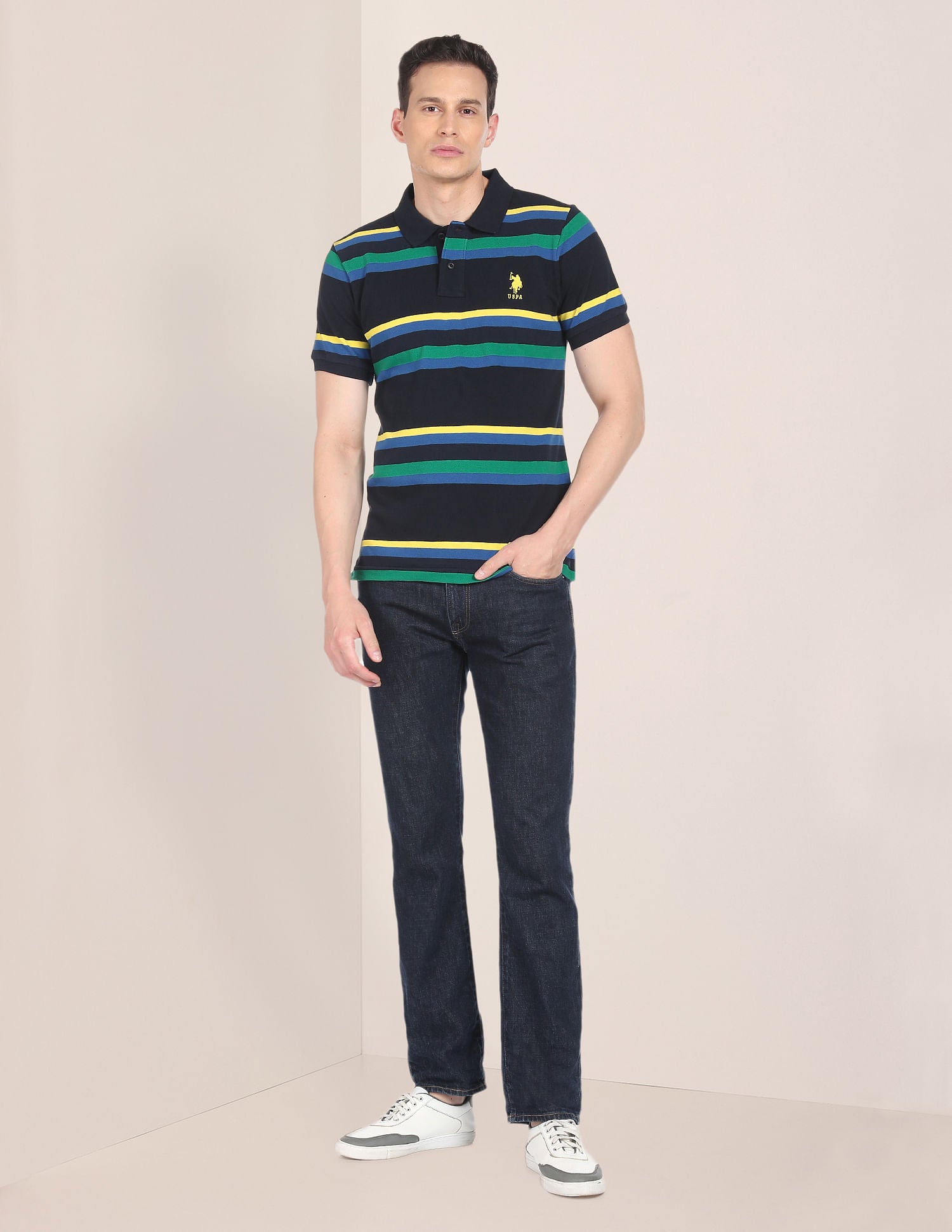 Men Navy Horizontal Stripe Cotton Polo Shirt Navy - U.S. POLO ASSN. | Large