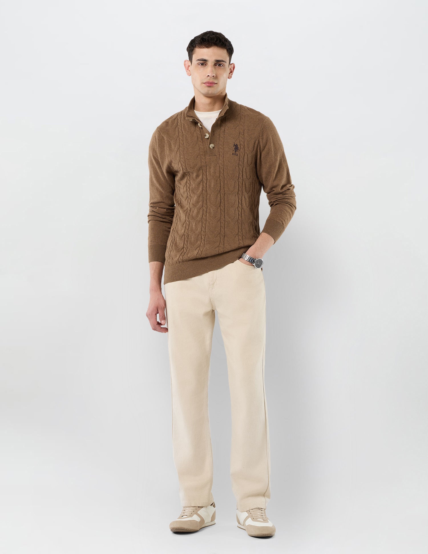 Patterned Cable Knit Regular Fit Sweater Khaki - U.S. POLO ASSN. | Large