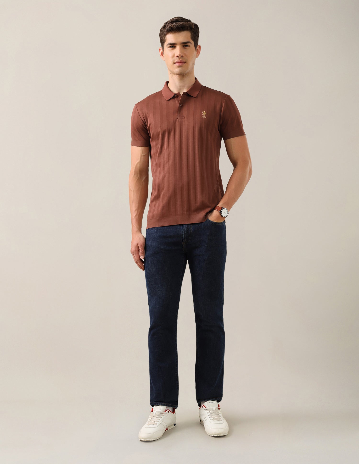 Self Design Vertical Striped Slim Fit Polo Shirt Rust - U.S. Polo Assn. India | Large