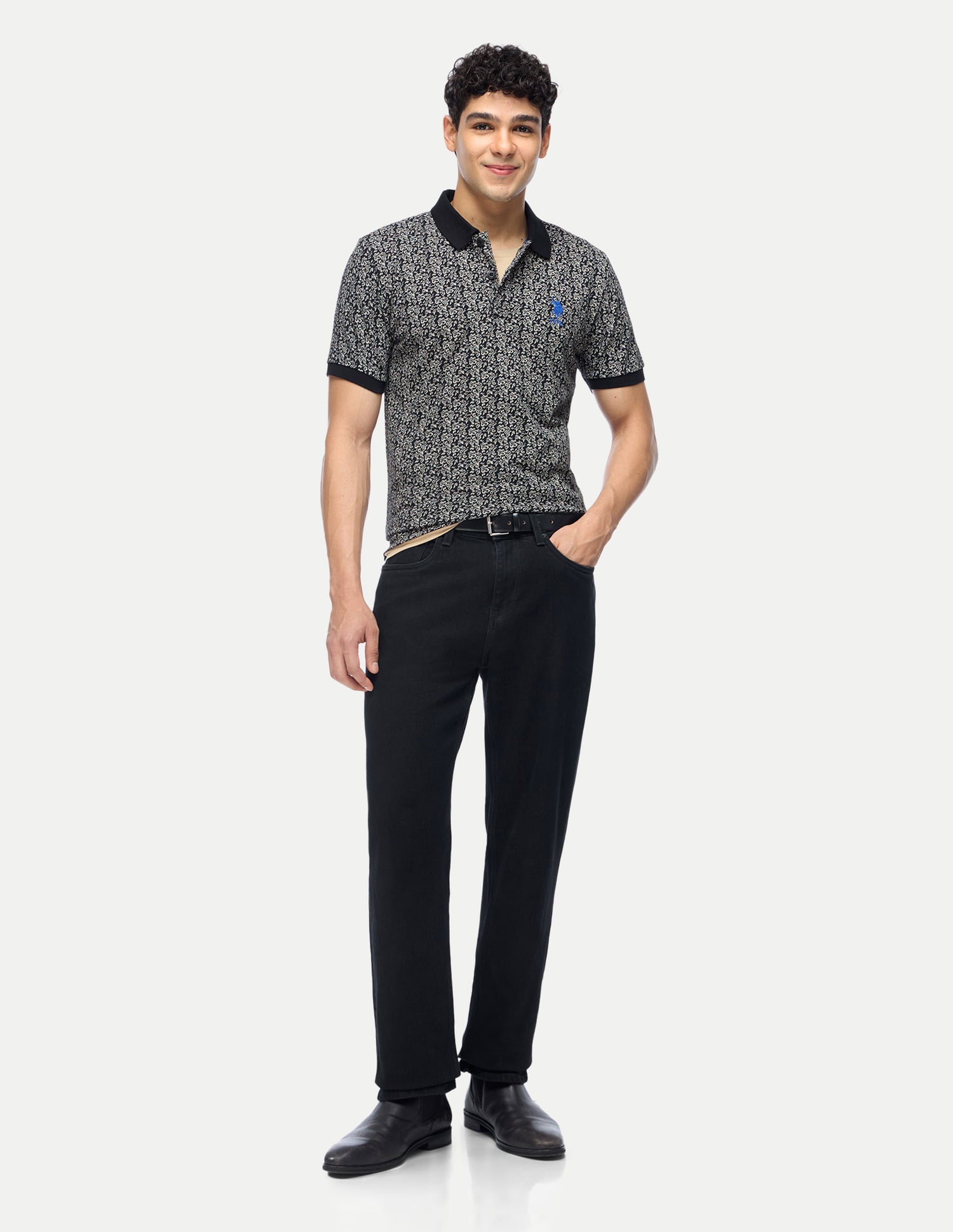 Floral Print Slim Fit Polo Shirt Black - U.S. Polo Assn. India | Large