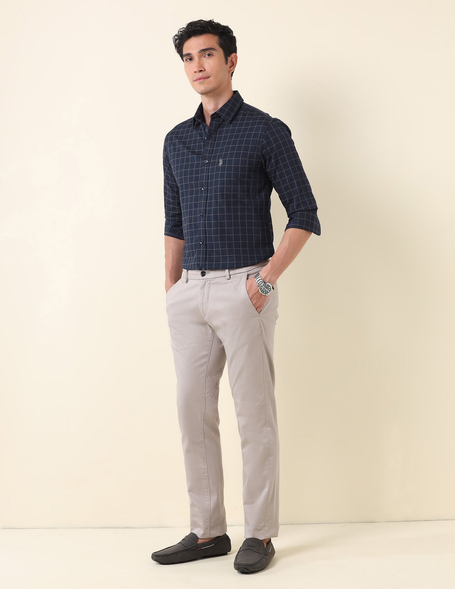 Windowpane Checked Tailored Fit Shirt Navy - U.S. Polo Assn. India | Large