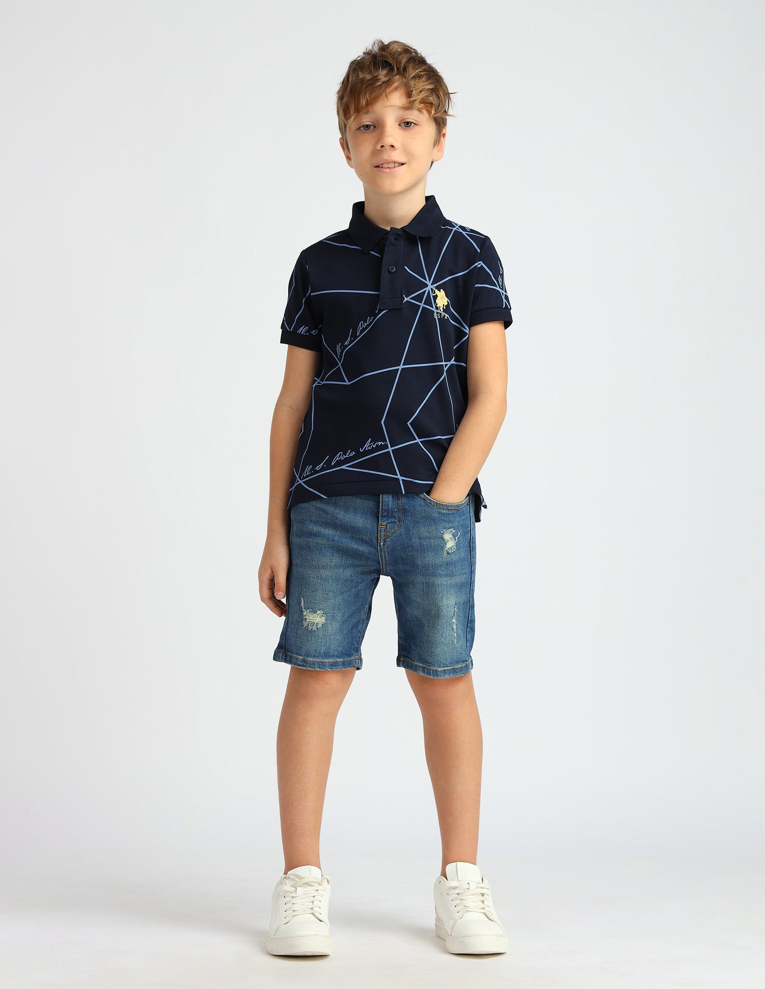 Boys Geometric Printed Regular Fit Polo Shirt Navy - U.S. POLO ASSN. | Large