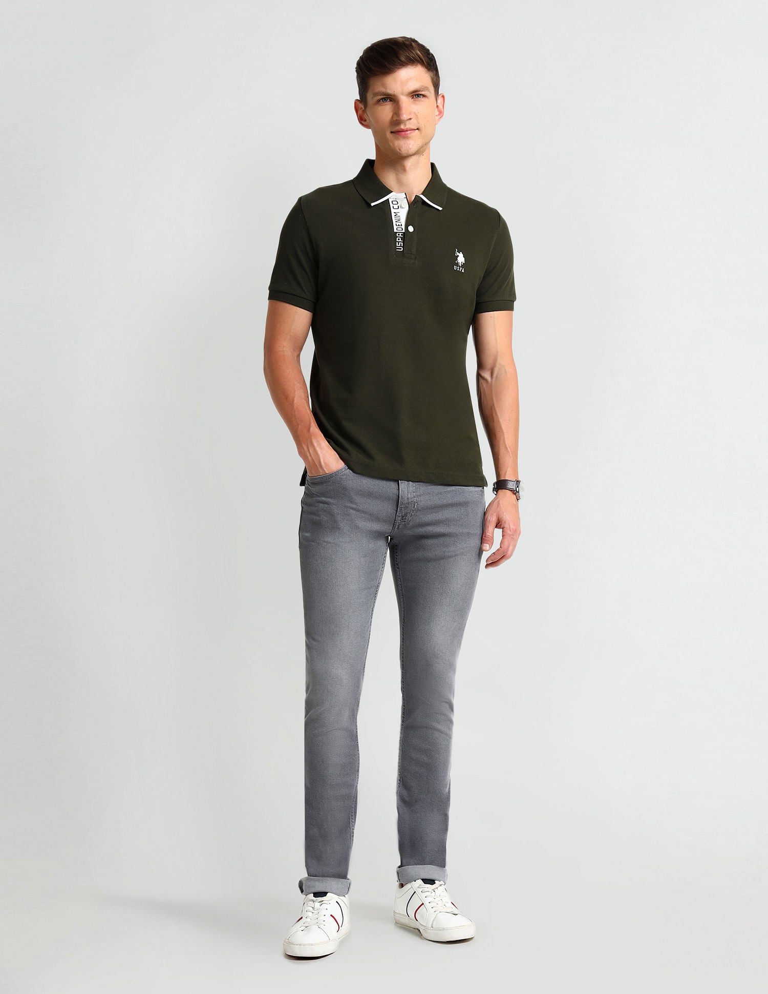 Muscle Fit Solid Polo Shirt Olive - U.S. Polo Assn. India | Large