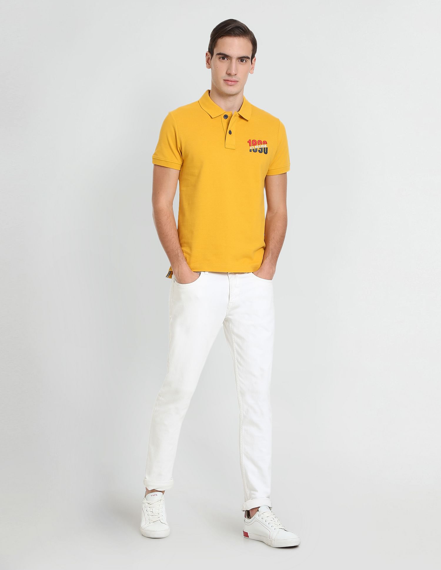 Embroidered Logo Cotton Polo Shirt Mustard - U.S. POLO ASSN. | Large