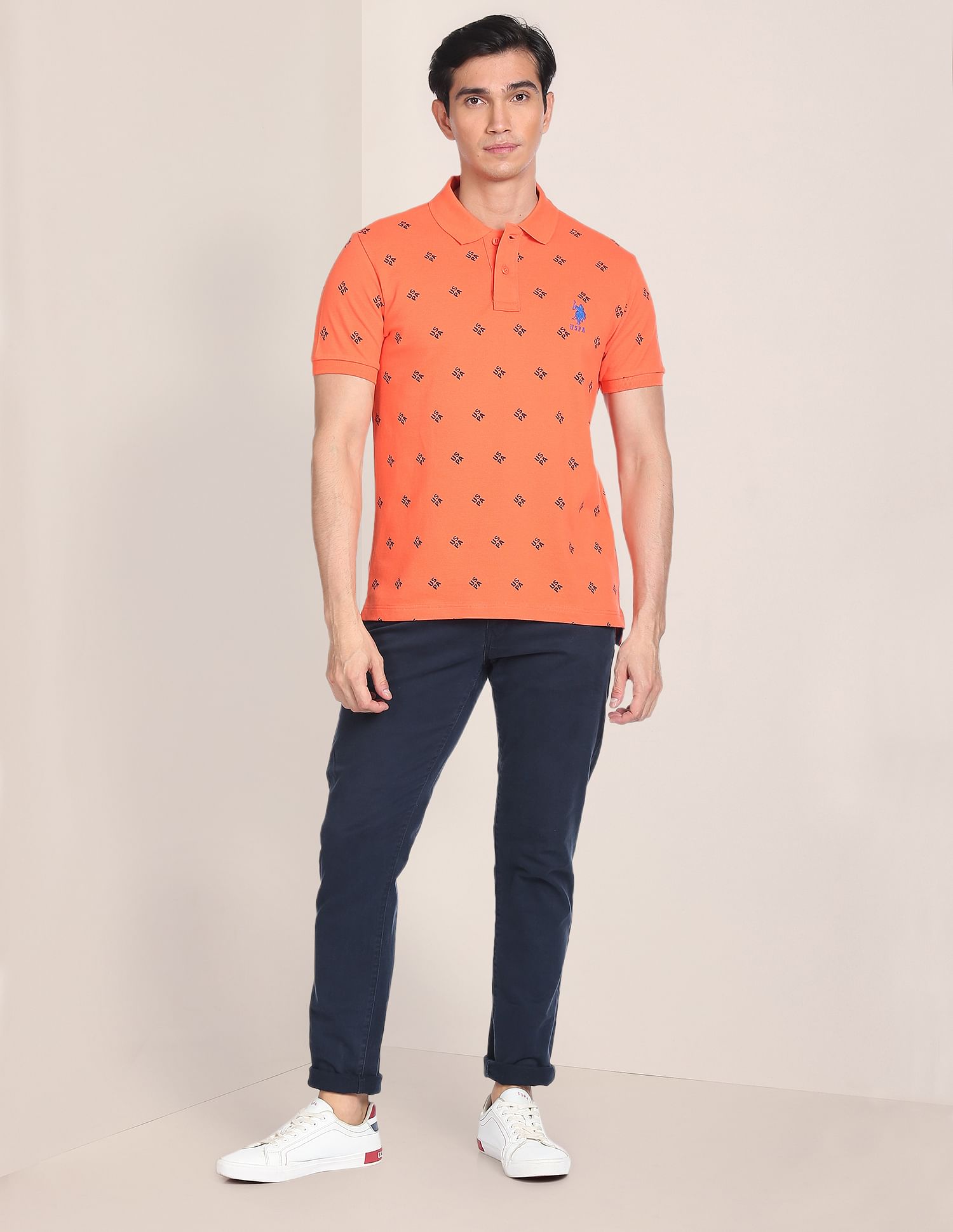Geometric Brand Print Polo Shirt Orange - U.S. Polo Assn. India | Large