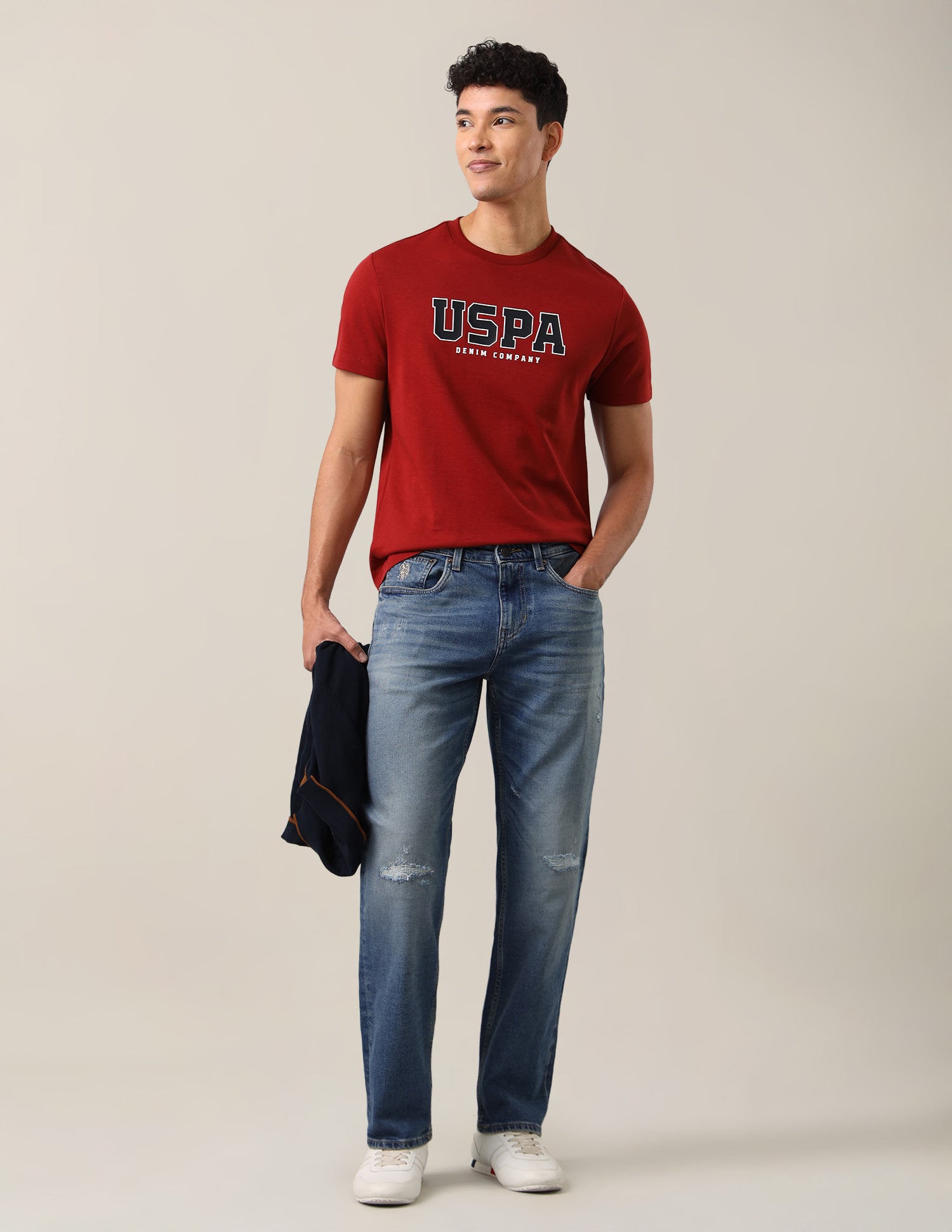 Shawn Relaxed Fit Blue Distressed Jeans Mid Blue - U.S. Polo Assn. India | Large