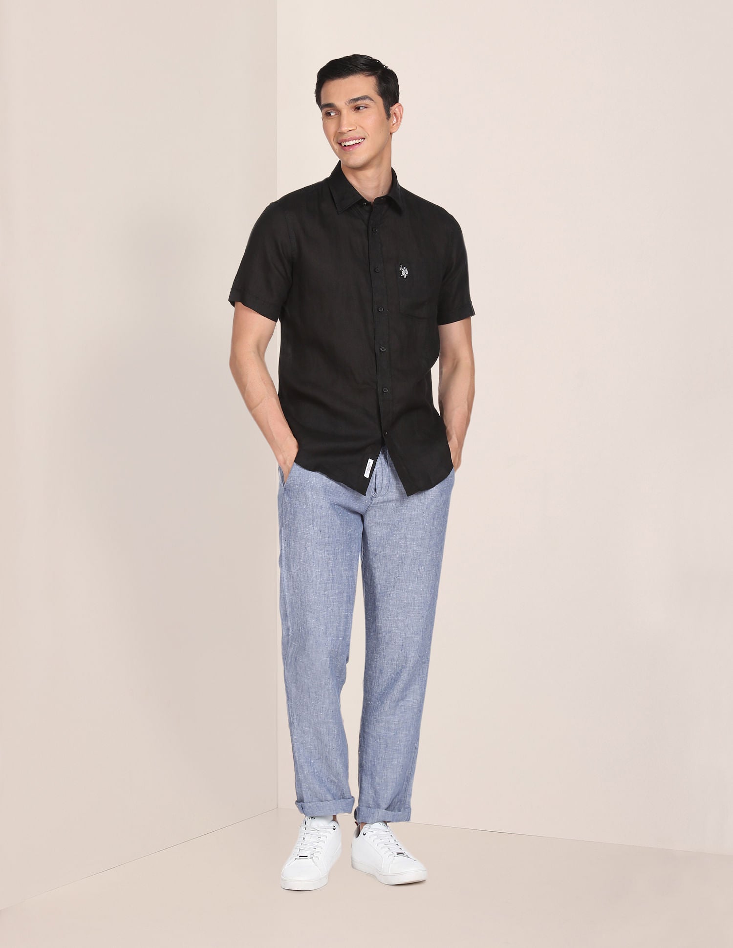 Men Black Short Sleeve Linen Casual Shirt Black - U.S. POLO ASSN. | Large