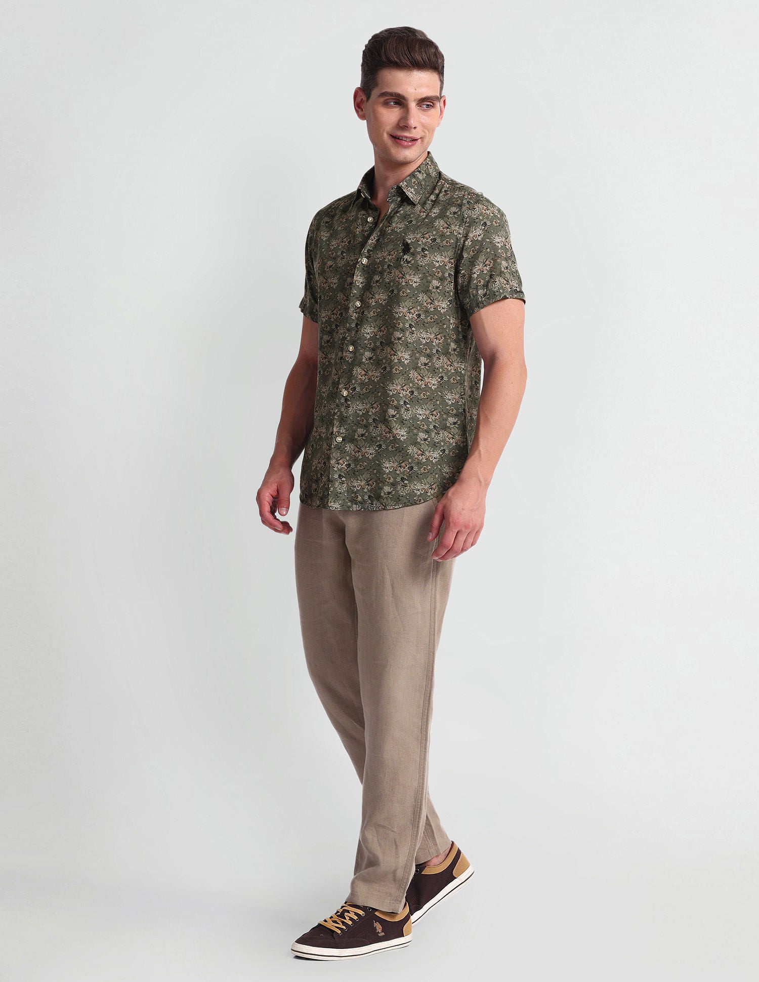 Floral Print Slim Fit Shirt Olive - U.S. Polo Assn. India | Large