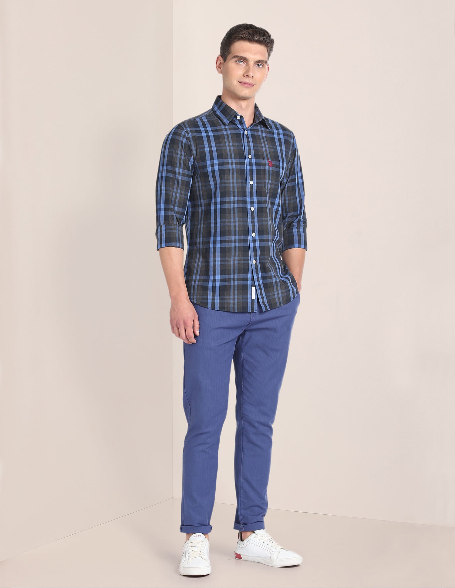 Tartan Check Cotton Shirt Dark Grey and Blue - U.S. Polo Assn. India | Large