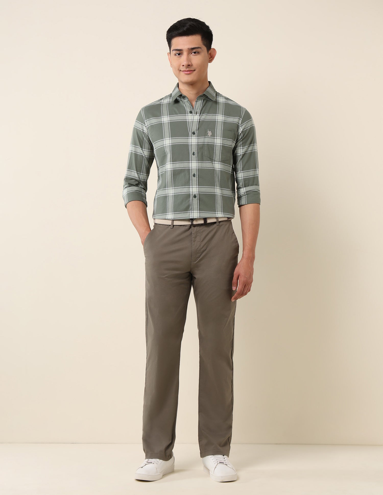 Grid Tattersall Checked Pure Cotton Shirt Light Olive - U.S. Polo Assn. India | Large