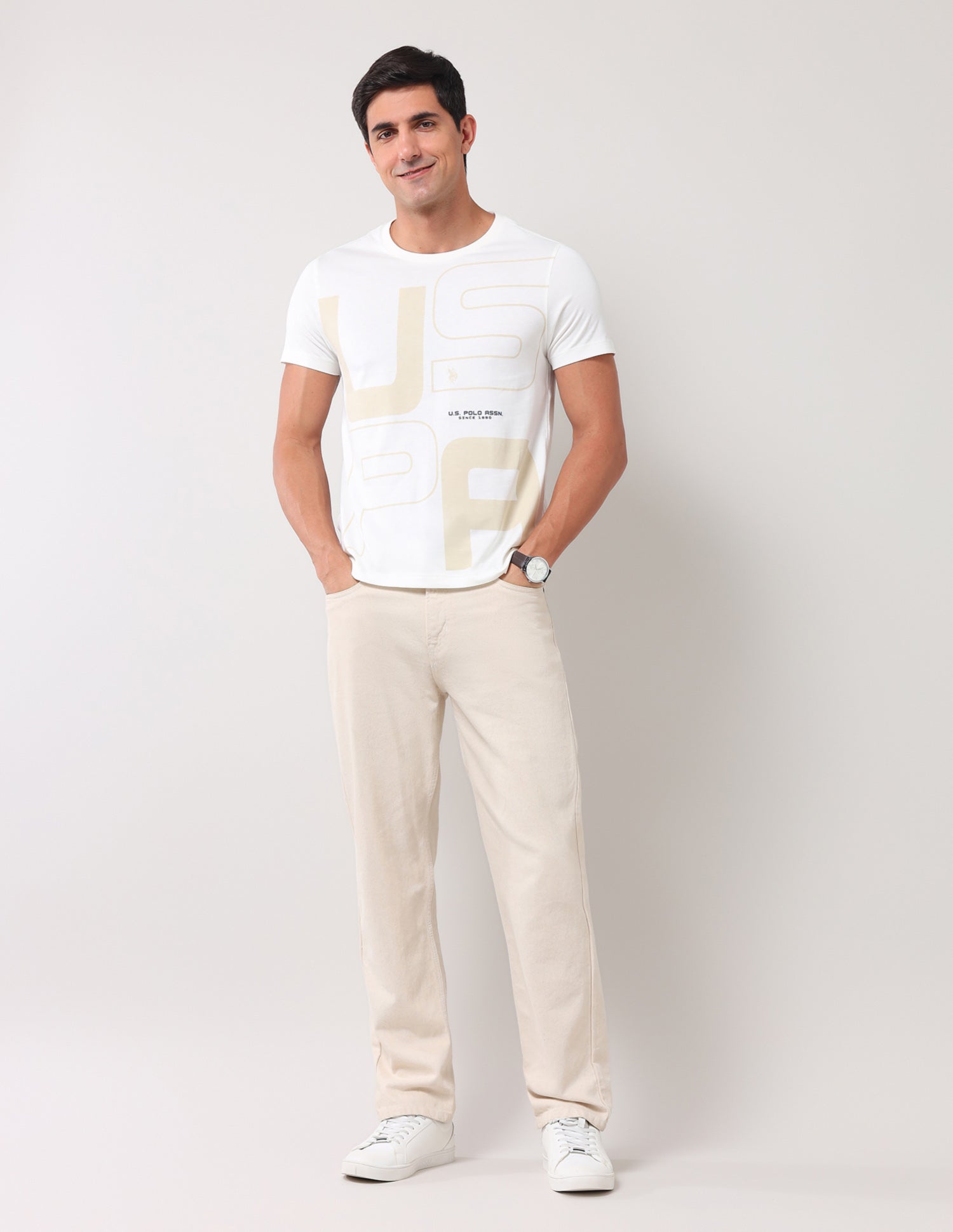 Brand Printed Muscle Fit T-Shirt Ivory - U.S. Polo Assn. India | Large