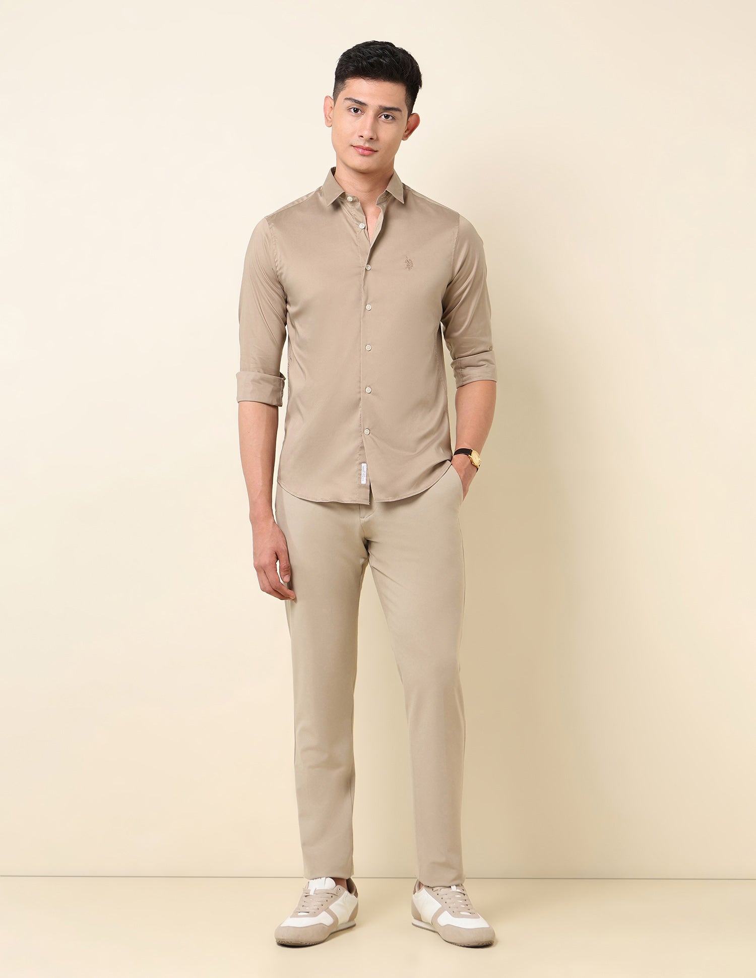 Tailored Fit Solid Shirt Khaki - U.S. Polo Assn. India | Large