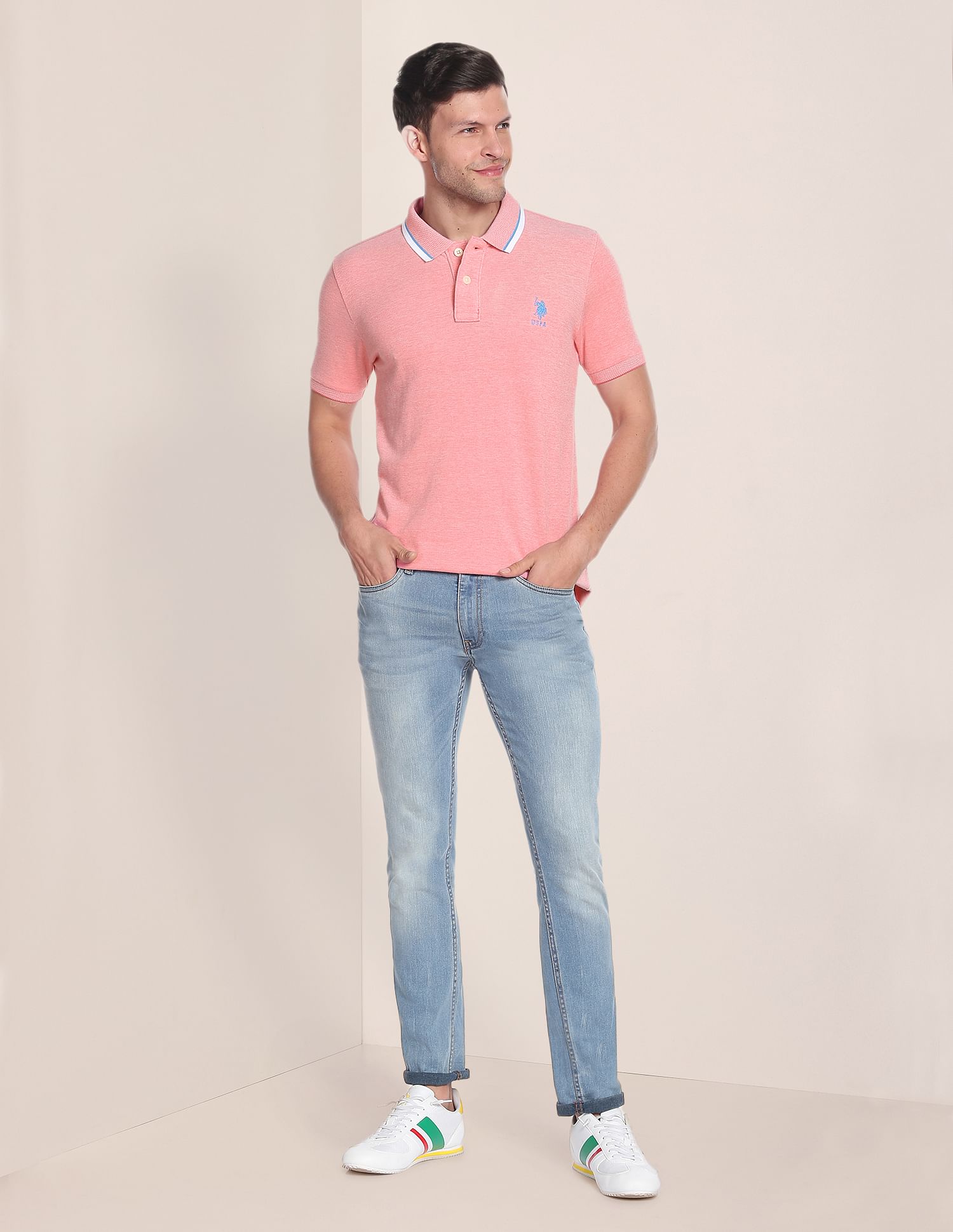 Striped Collar Birdseye Polo Shirt Pink - U.S. Polo Assn. India | Large