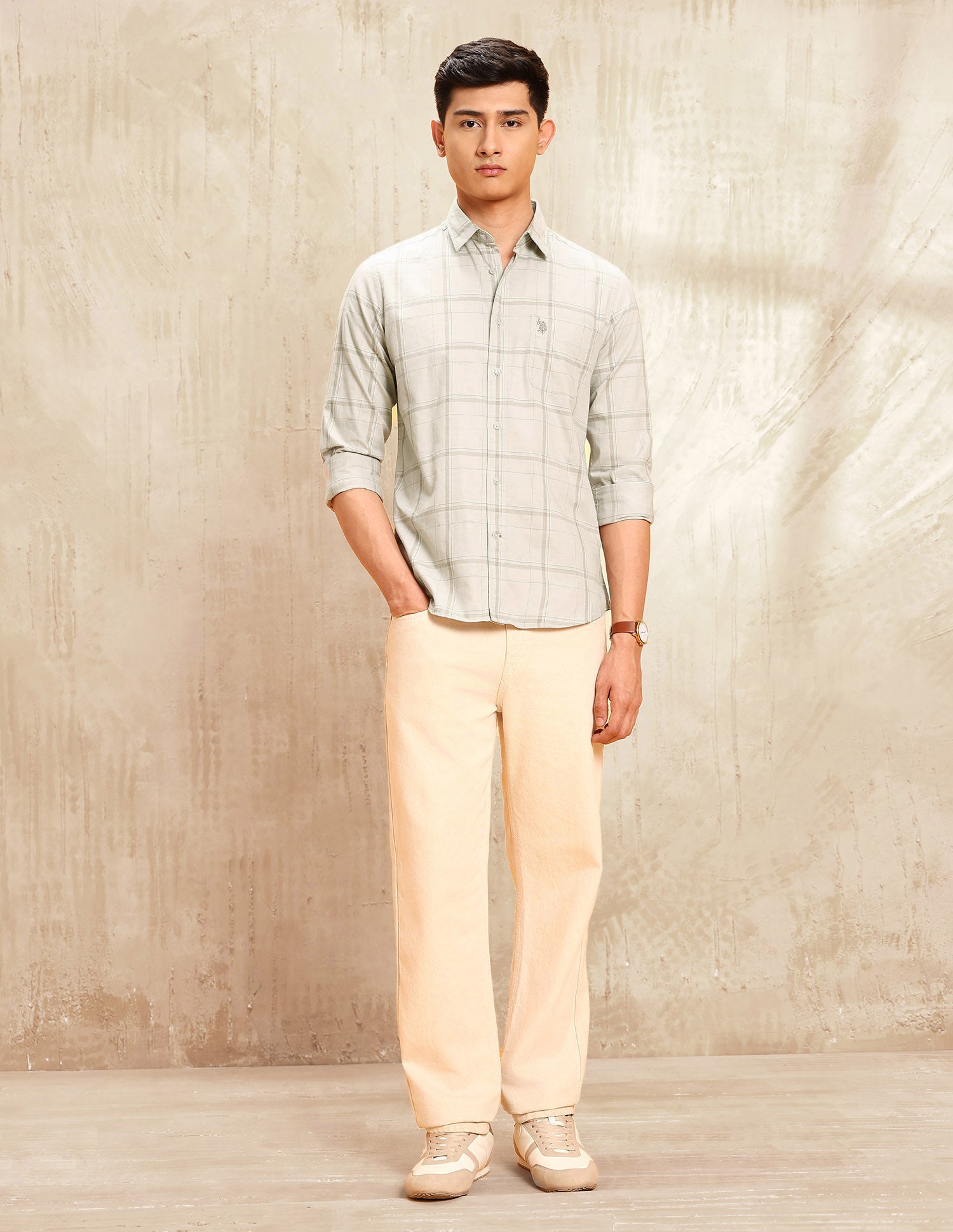 Twill Windowpane Checked Shirt Light Khaki - U.S. POLO ASSN. | Large