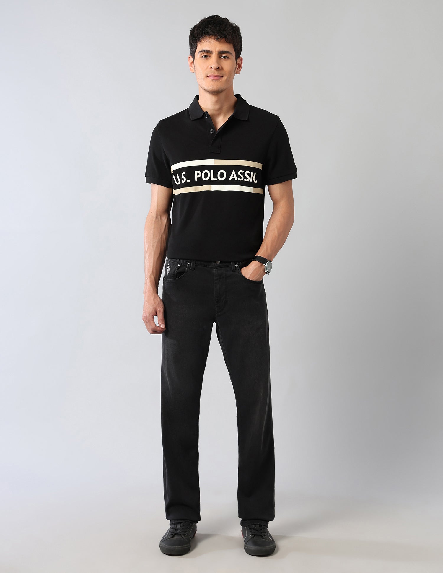 Brand Printed Americana Polo Shirt Black - U.S. POLO ASSN. | Large