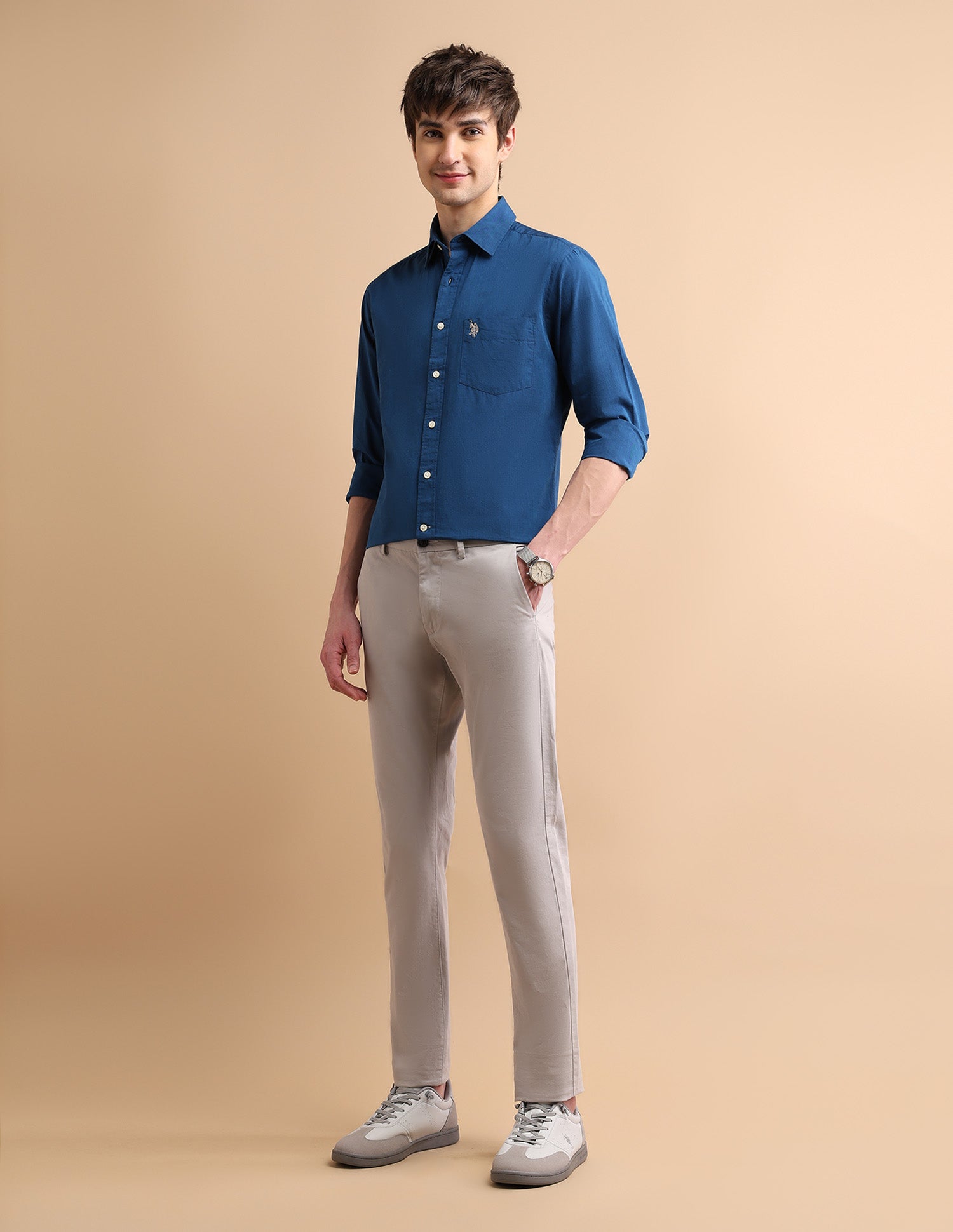 Textured Cotton Shirt Dark Blue - U.S. POLO ASSN. | Large