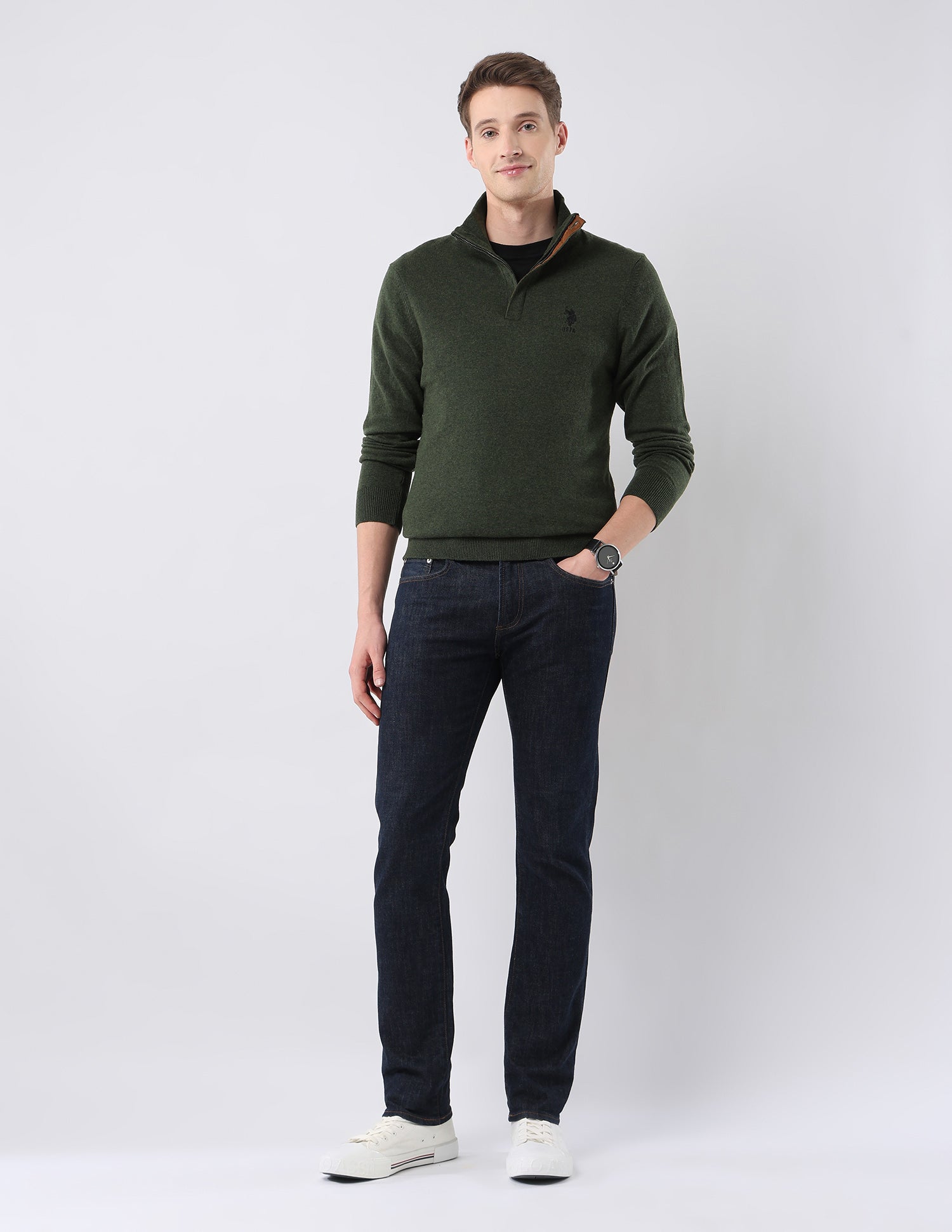 Regular Fit Solid Sweater Green - U.S. Polo Assn. India | Large