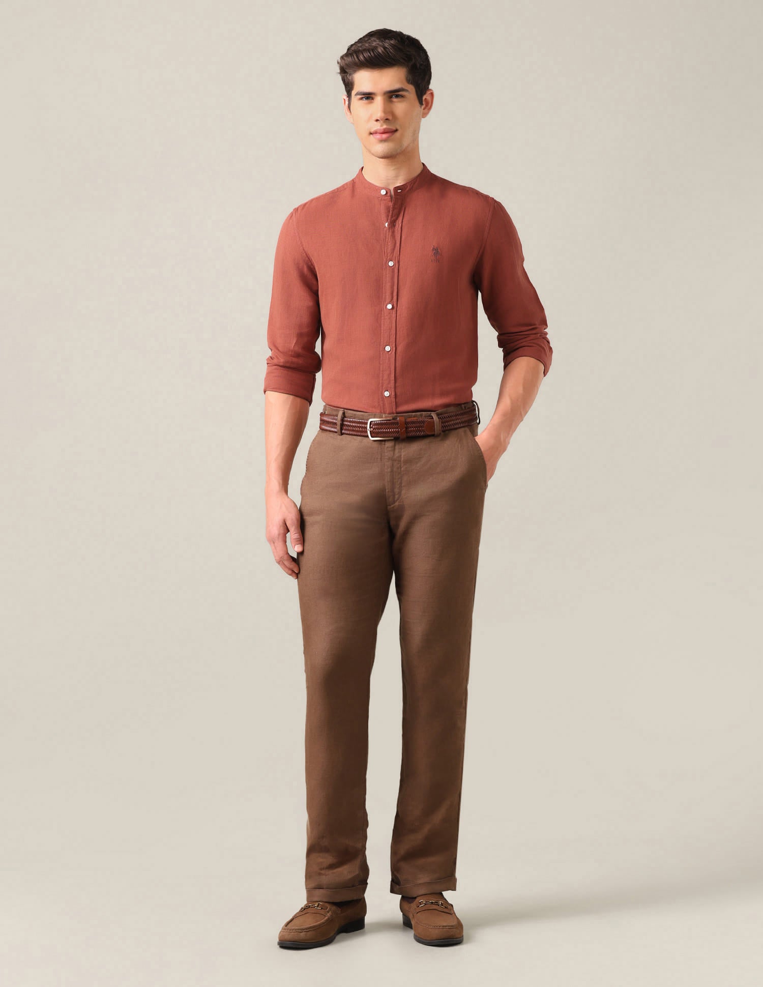 Solid Mandarin Shirt Brown - U.S. Polo Assn. India | Large