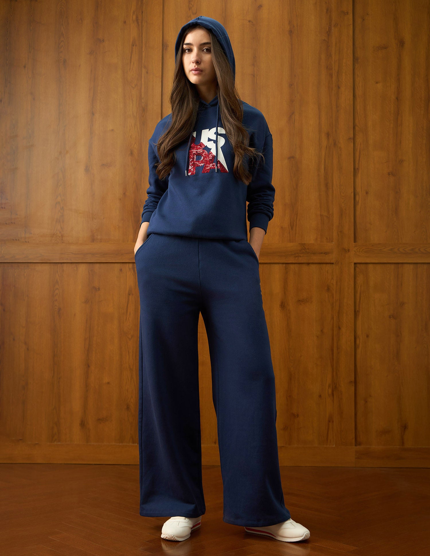Wide Leg Fit Solid Trousers Blue - U.S. Polo Assn. India | Large