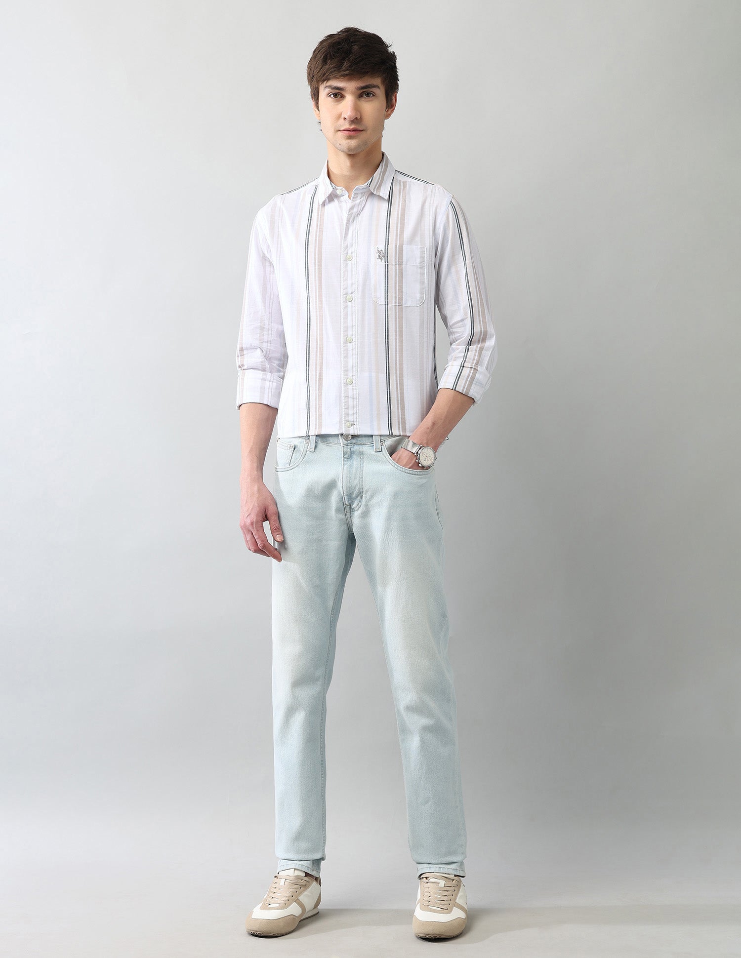 Vertical Striped Regular Fit Poplin Shirt Ivory - U.S. Polo Assn. India | Large