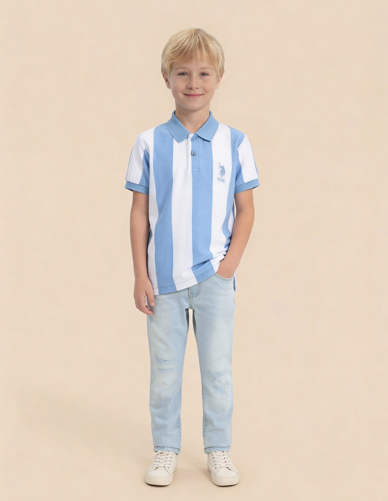 Boys Vertical Striped Regular Fit Polo Shirt Blue - U.S. Polo Assn. India | Large