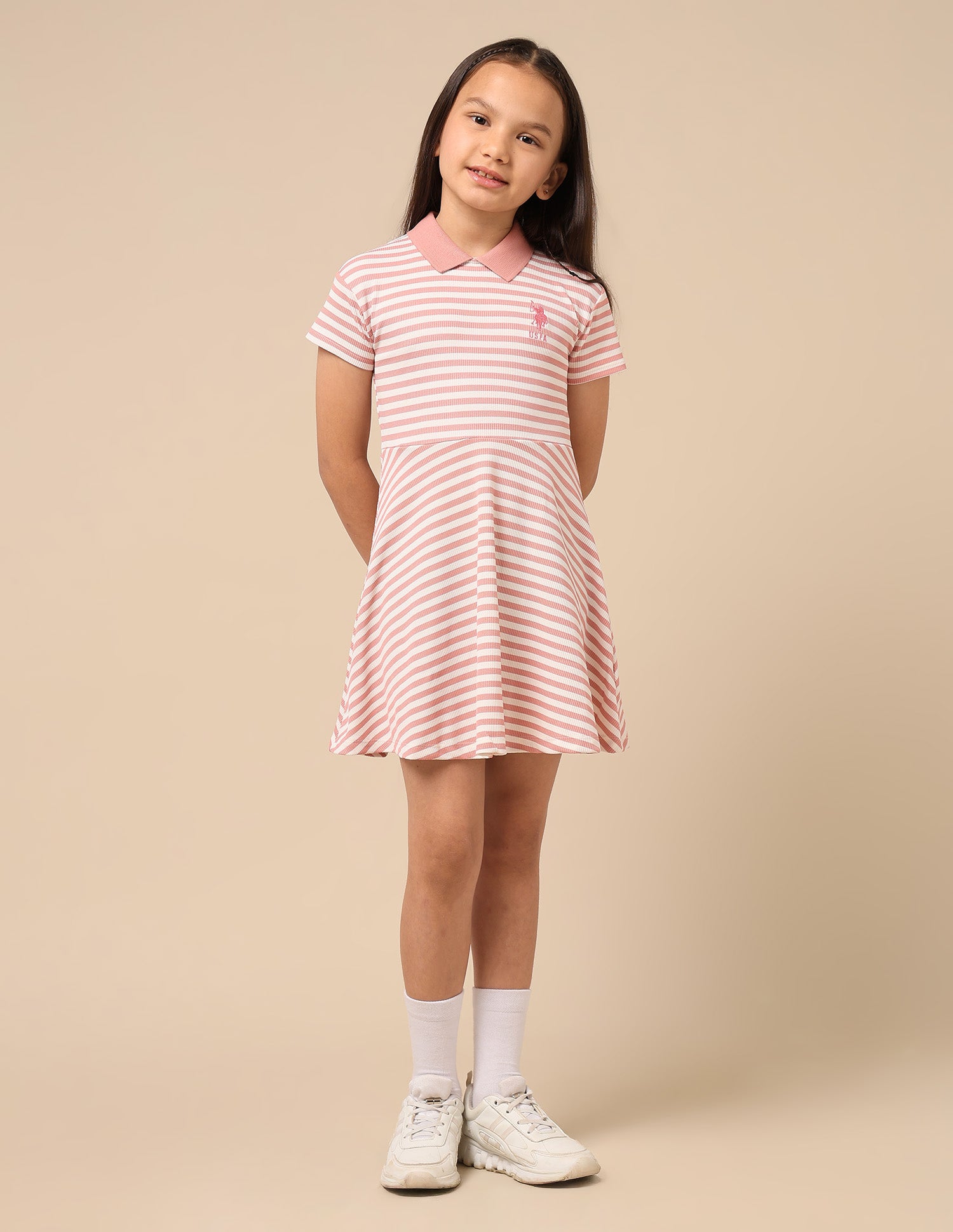 Girls Horizontal Striped Fit And Flare Dress Pink - U.S. POLO ASSN. | Large