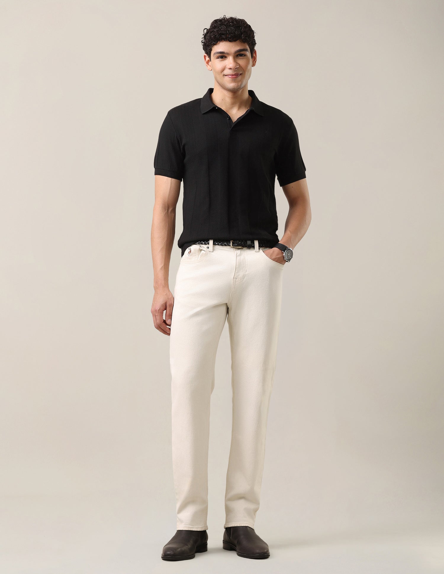 Self Design Vertical Striped Slim Fit Polo Shirt Black - U.S. Polo Assn. India | Large