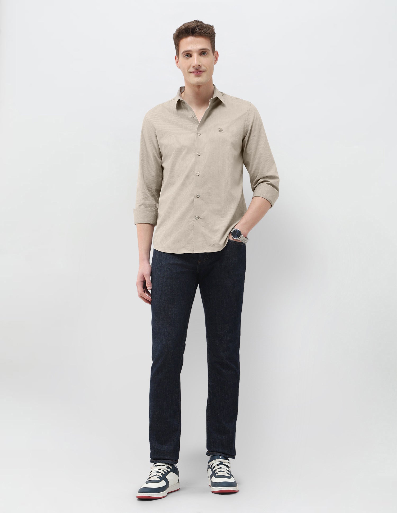Micro Checked Black & Gold Regular Fit Shirt Beige - U.S. Polo Assn. India | Large