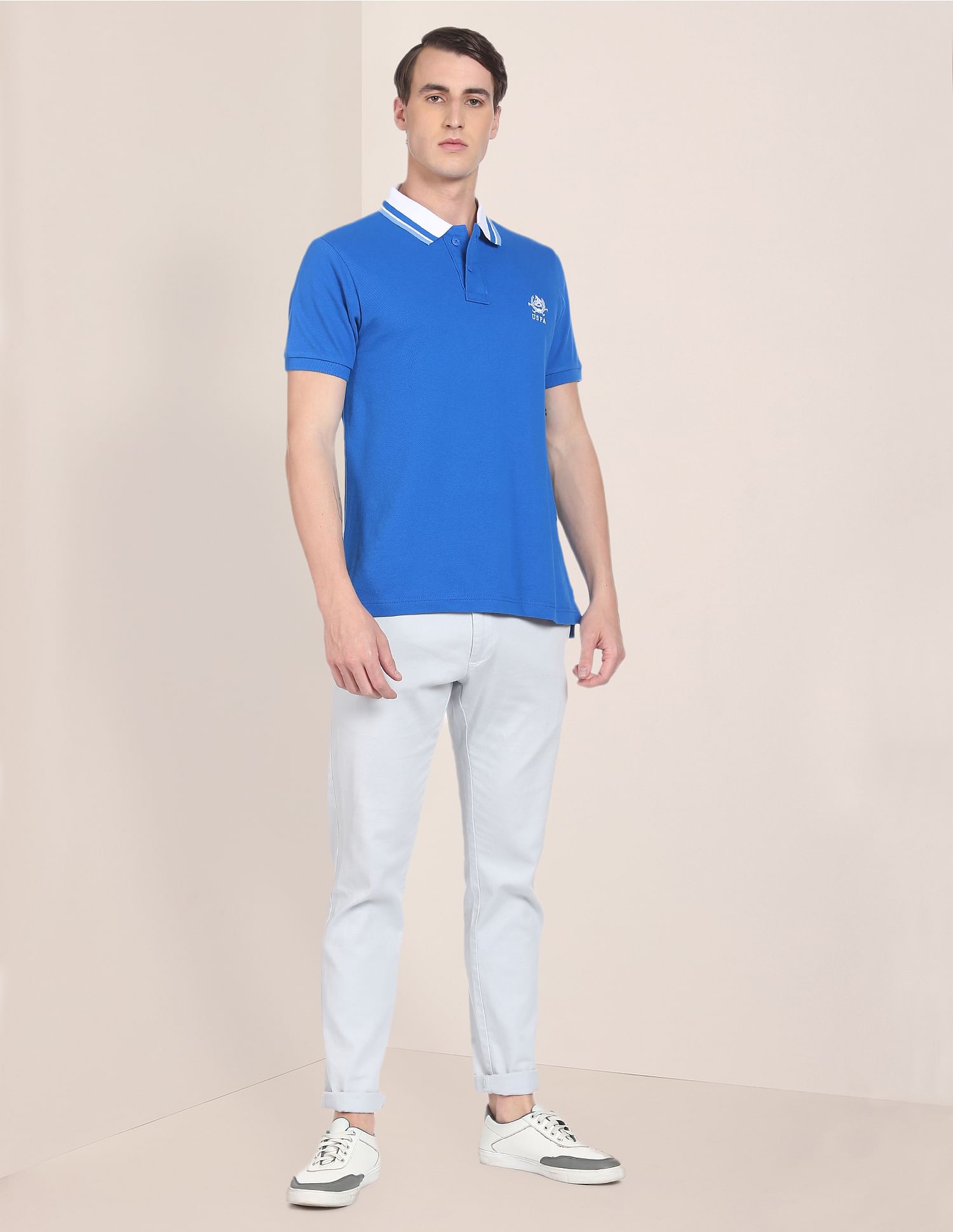 Ribbed Collar Brand Logo Polo Shirt Blue - U.S. POLO ASSN. | Large