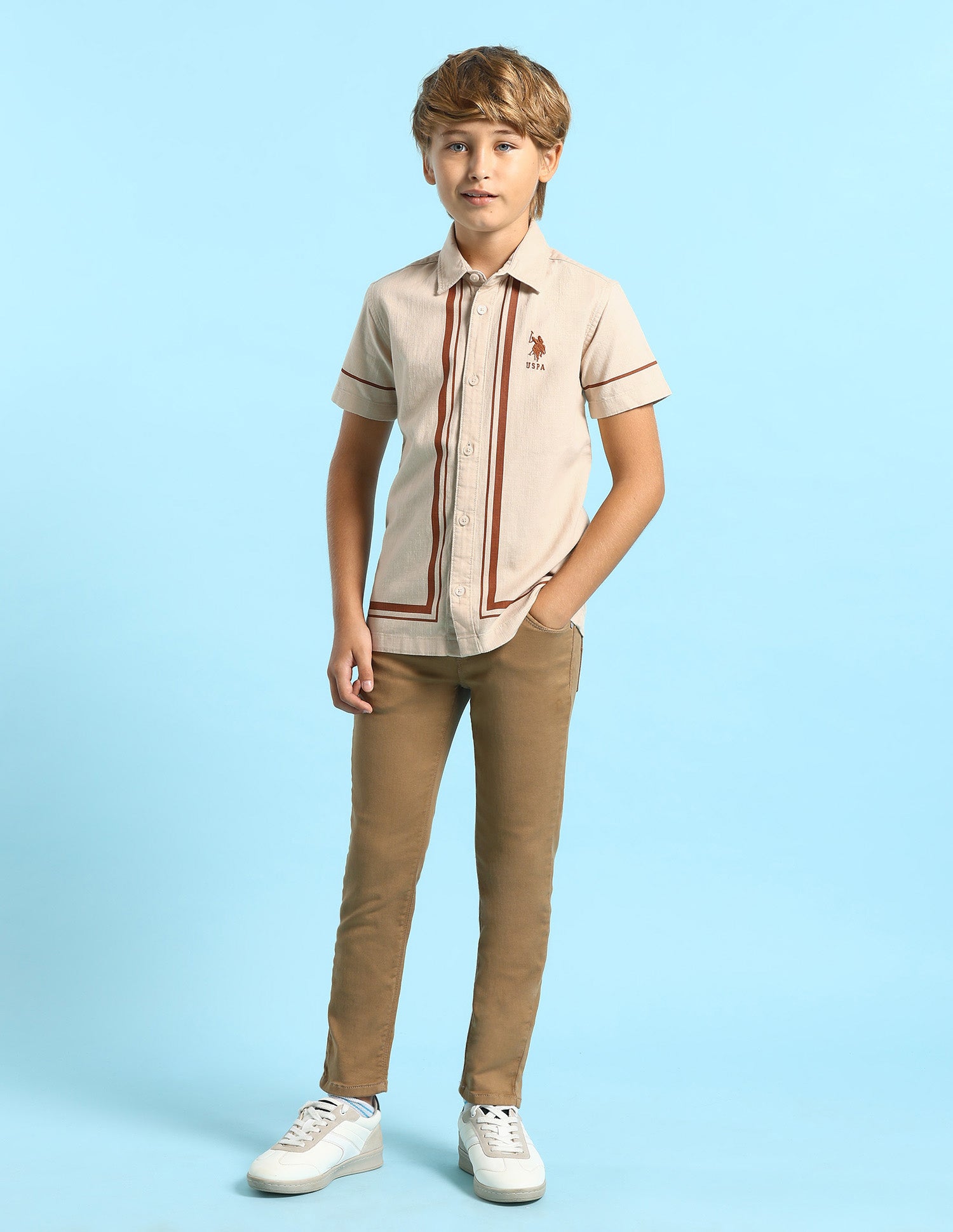 Boys Solid Boxy Fit Shirt Beige - U.S. POLO ASSN. | Large