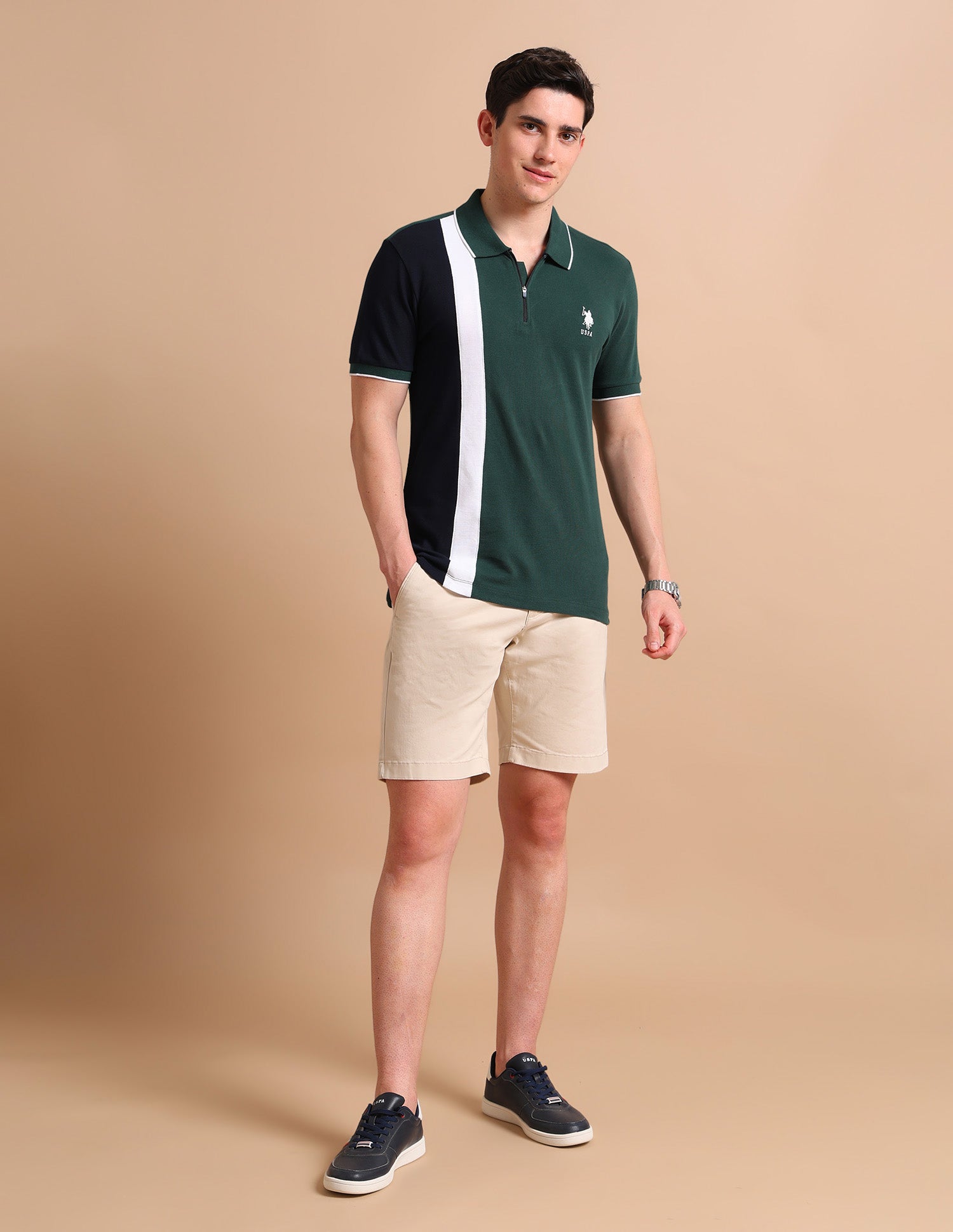Colour Block Zipper Polo Shirt Green - U.S. POLO ASSN. | Large