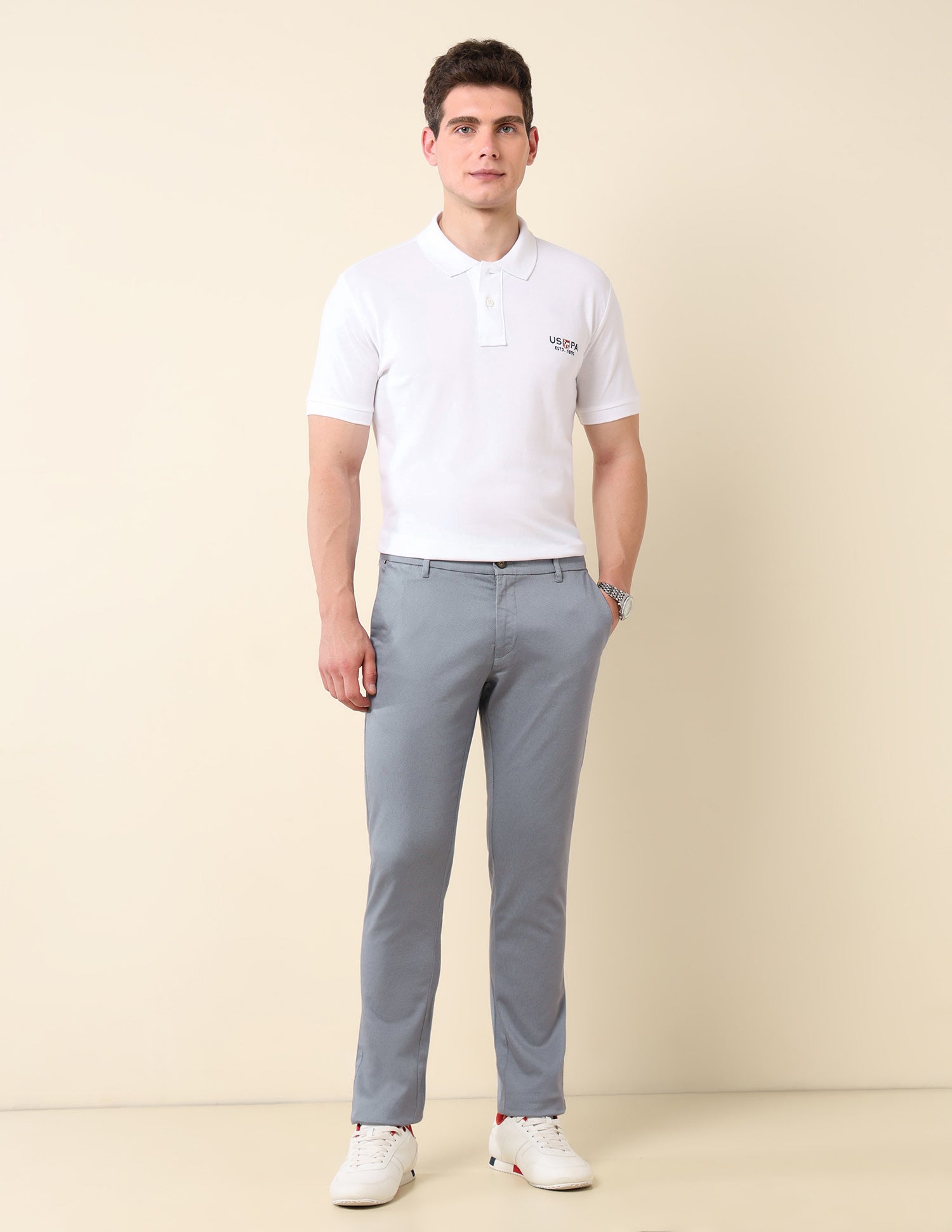 Textured Slim Fit Trousers Grey - U.S. Polo Assn. India | Large
