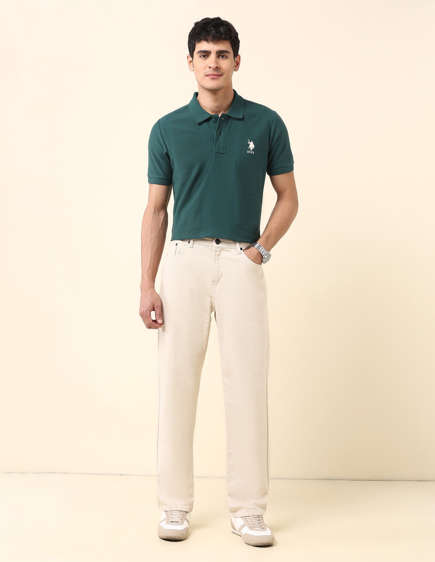 Textured Pure Cotton Classic Polo Shirt Dark Green - U.S. Polo Assn. India | Large