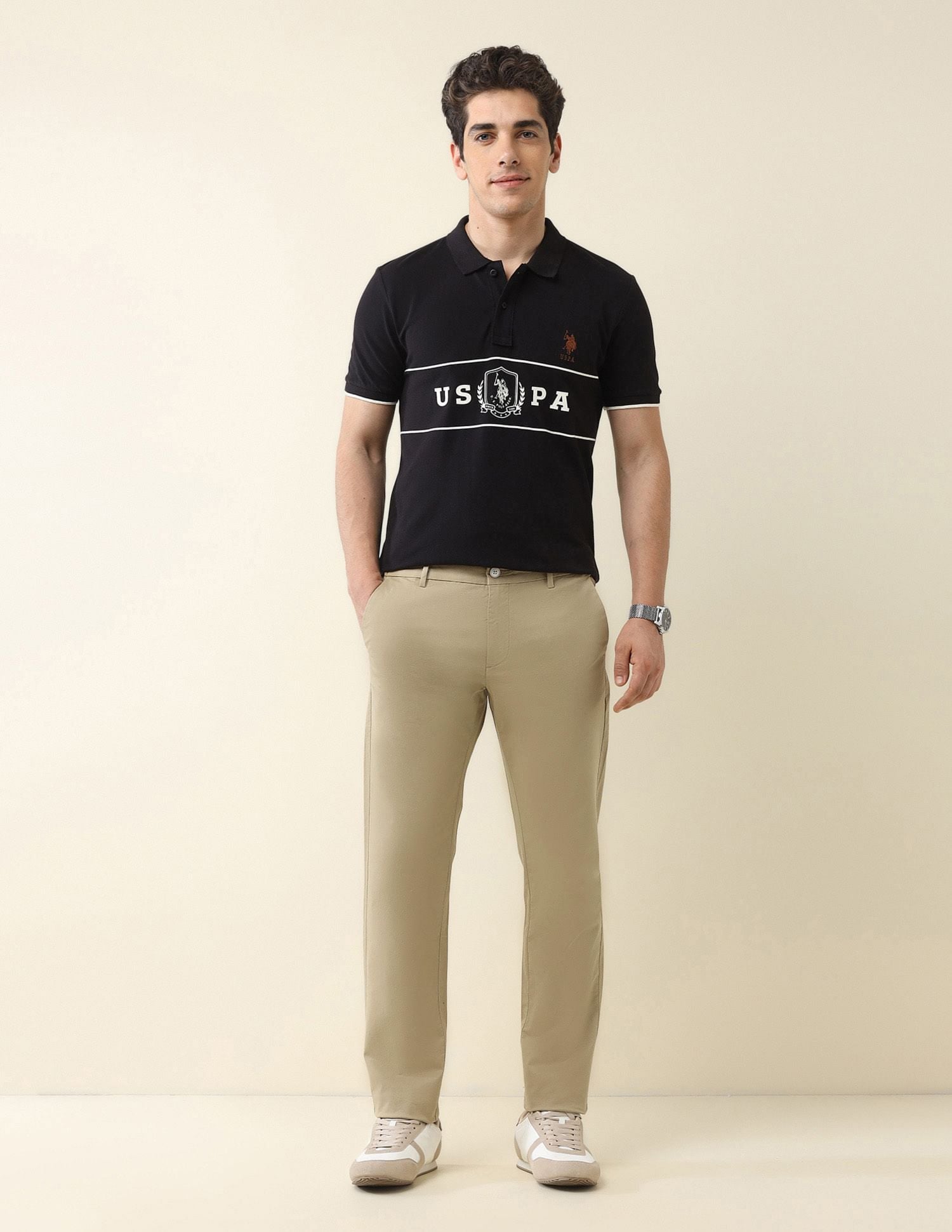 Slim Fit Solid Chinos Khaki - U.S. Polo Assn. India | Large