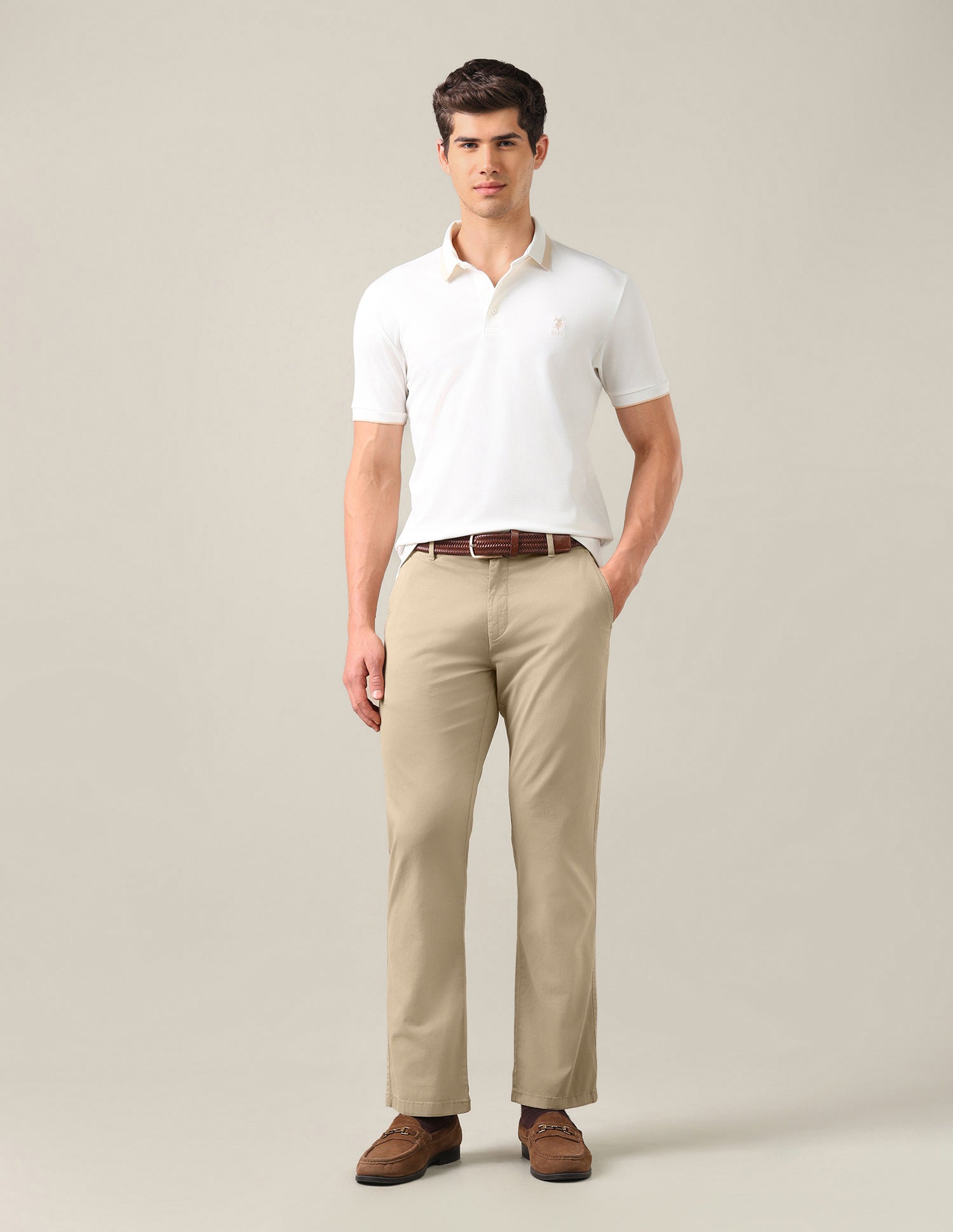 Riley Straight Fit Twill Trousers Khaki - U.S. Polo Assn. India | Large