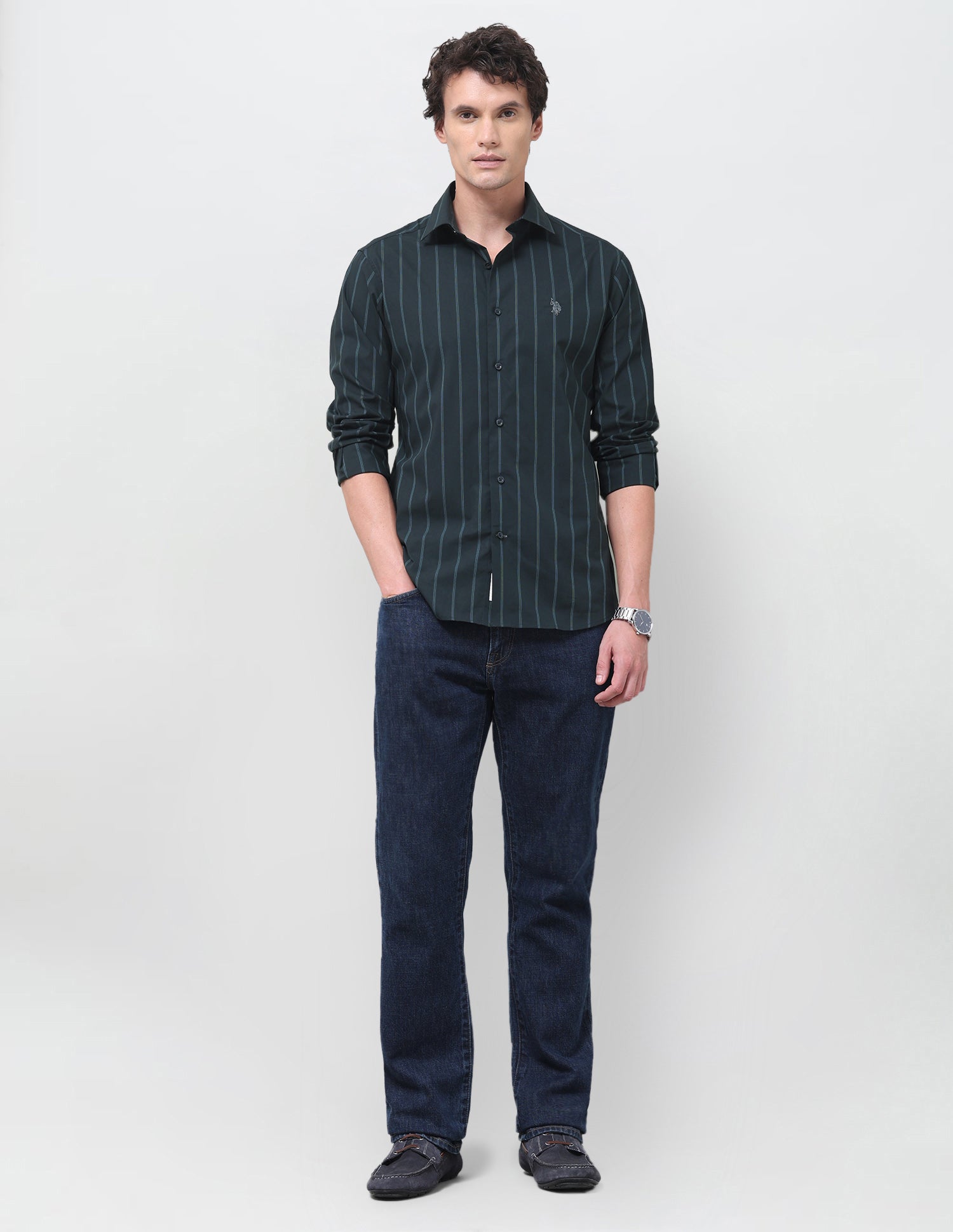 Vertical Striped Poplin Shirt Teal - U.S. Polo Assn. India | Large